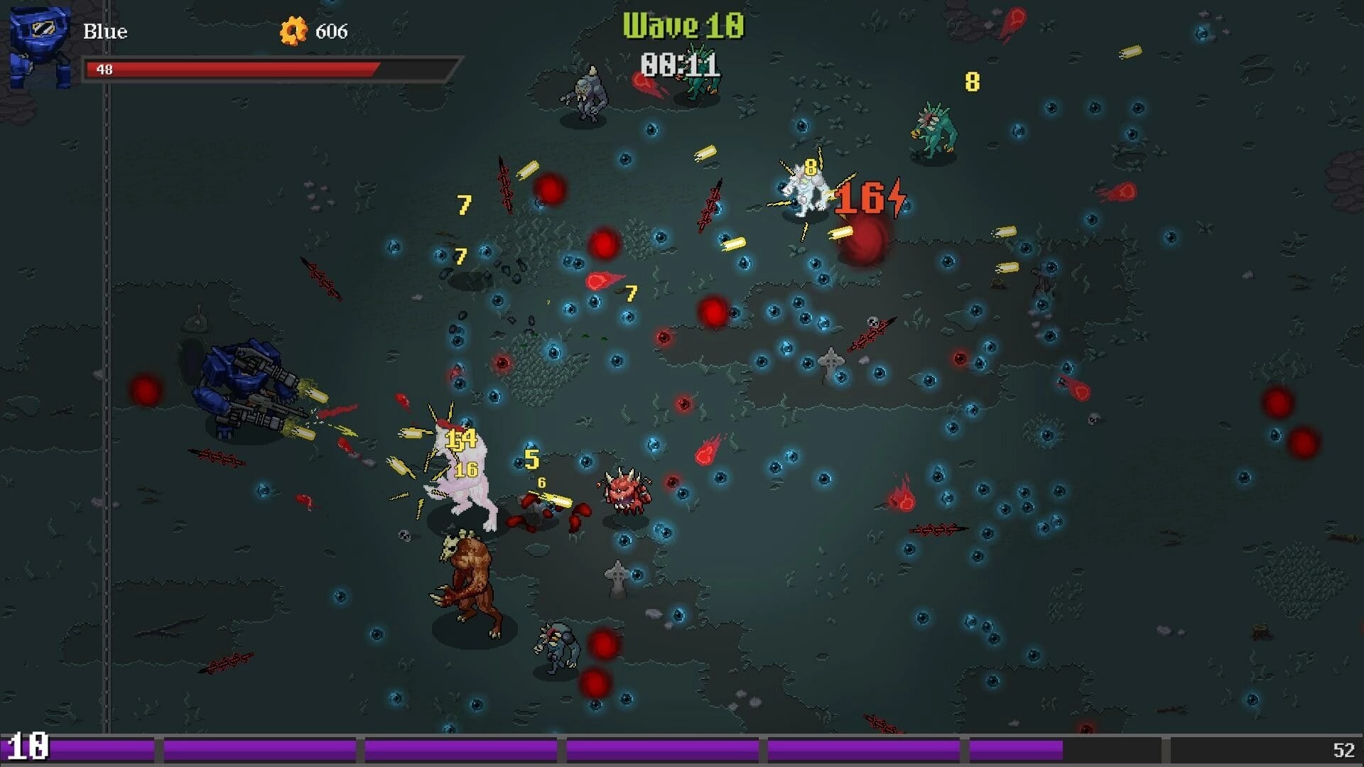 Grimdark Survivors: Player in mech suit battling hordes of monsters amidst dark terrain, Wave 18 active.