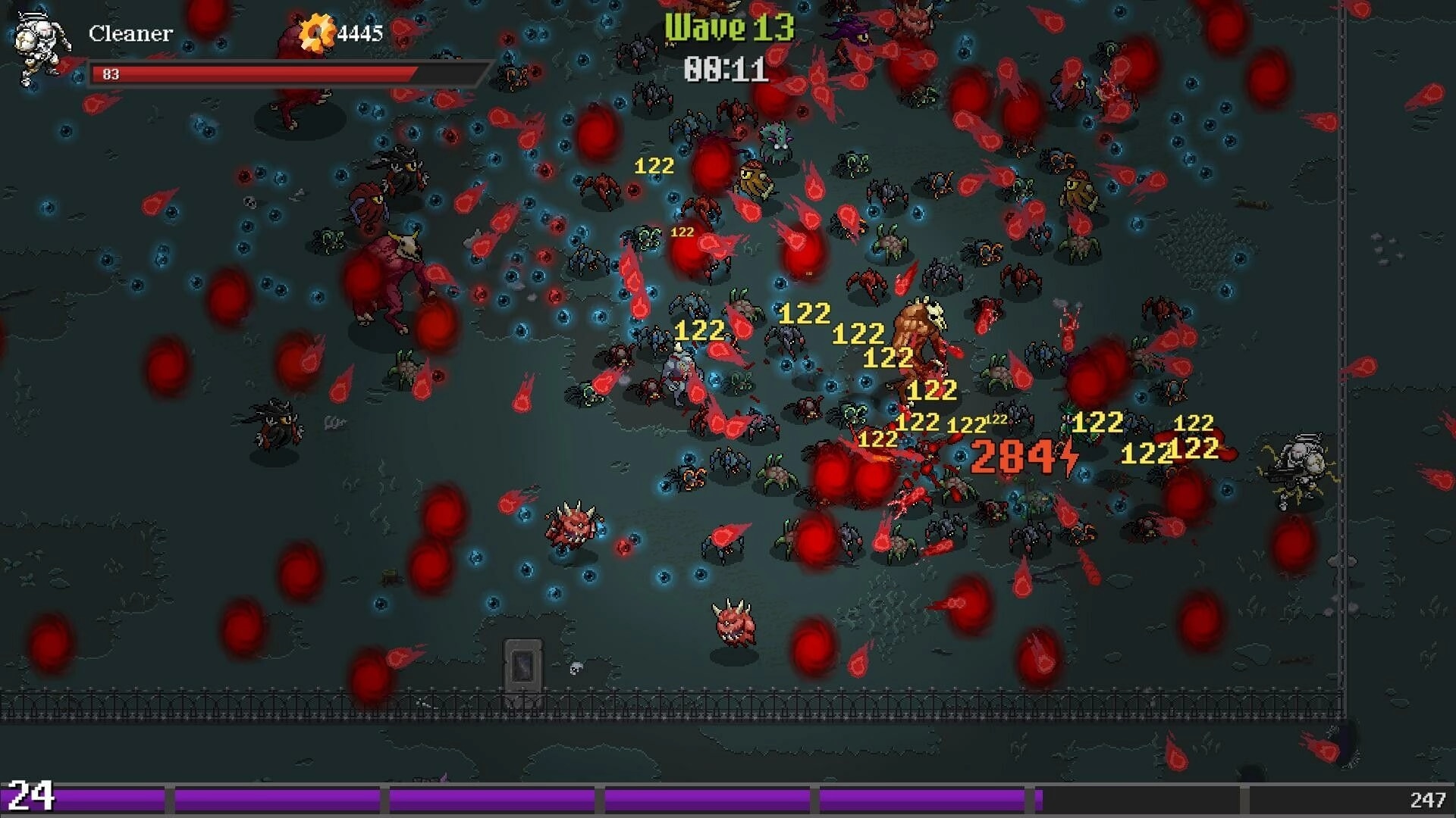 Grimdark Survivors: Cleaner battles monster horde in dark field with health bar and damage numbers visible