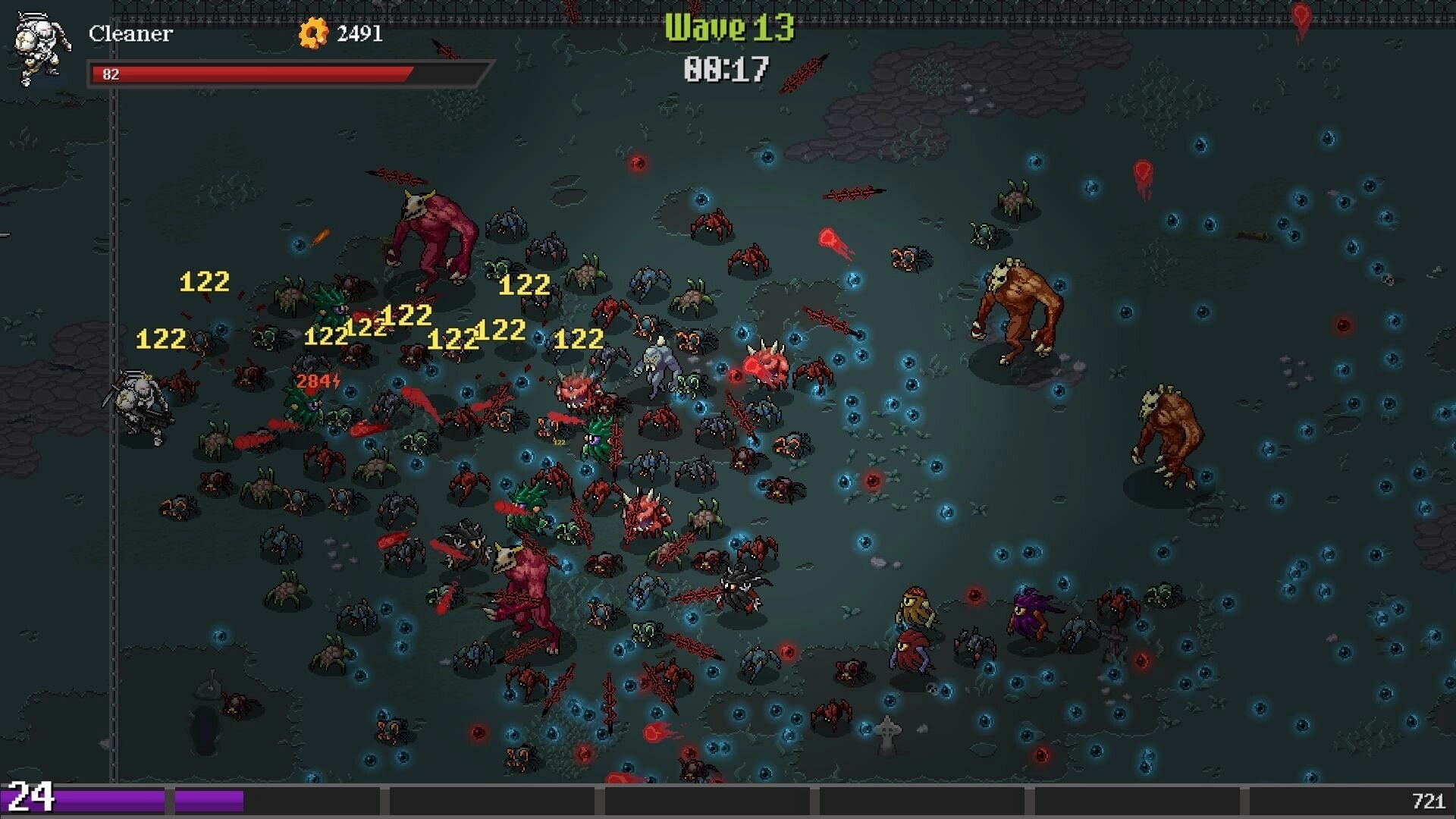 Grimdark Survivors: Cleaner battles horde of monsters in dark arena during Wave 13 with damage numbers.