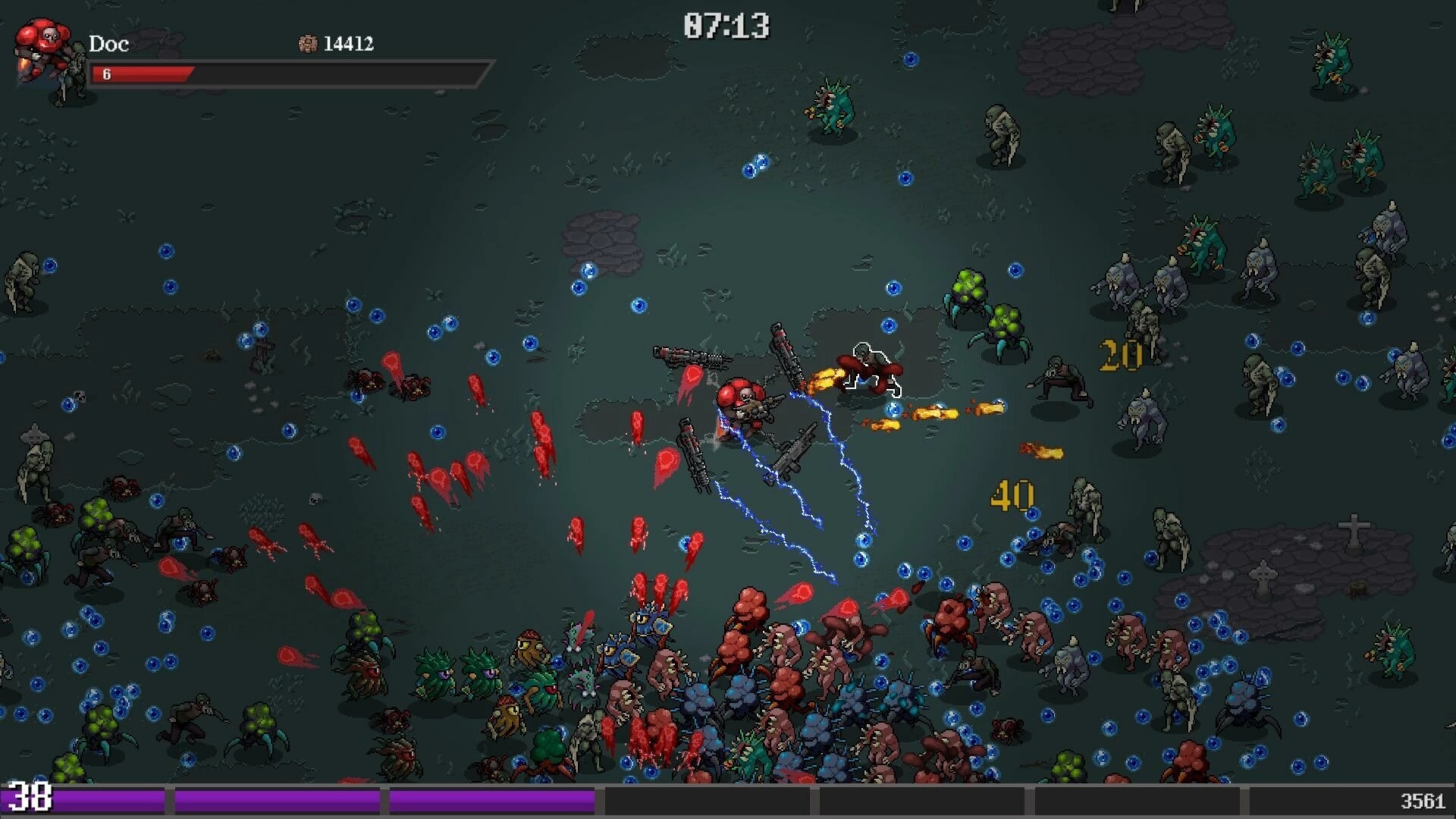 Grimdark Survivors: Doc battling hordes of monsters with lightning attacks in a dark, open landscape