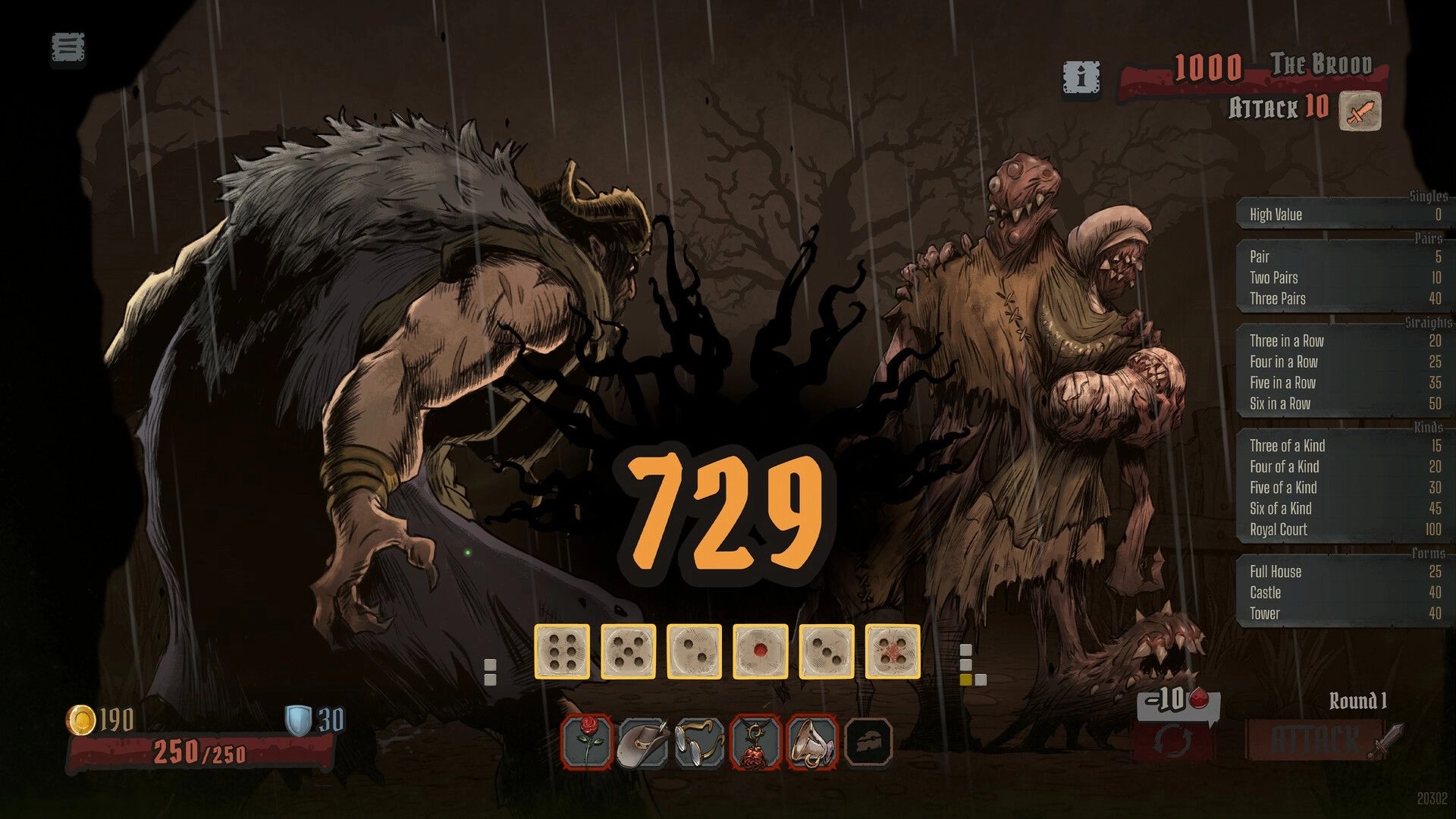 GrimKeep: Combat UI with dice roll 729 facing The Brood in a rainy, dead forest battlefield.