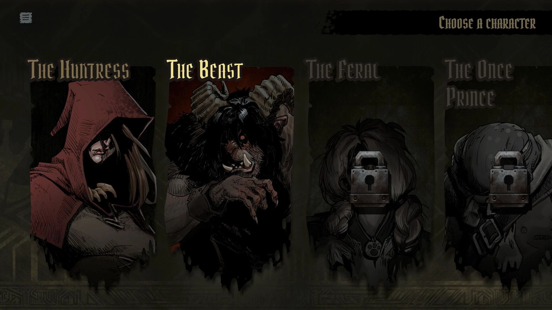 GrimKeep: Character select screen highlighting The Beast, with other classes greyed and locked slots.