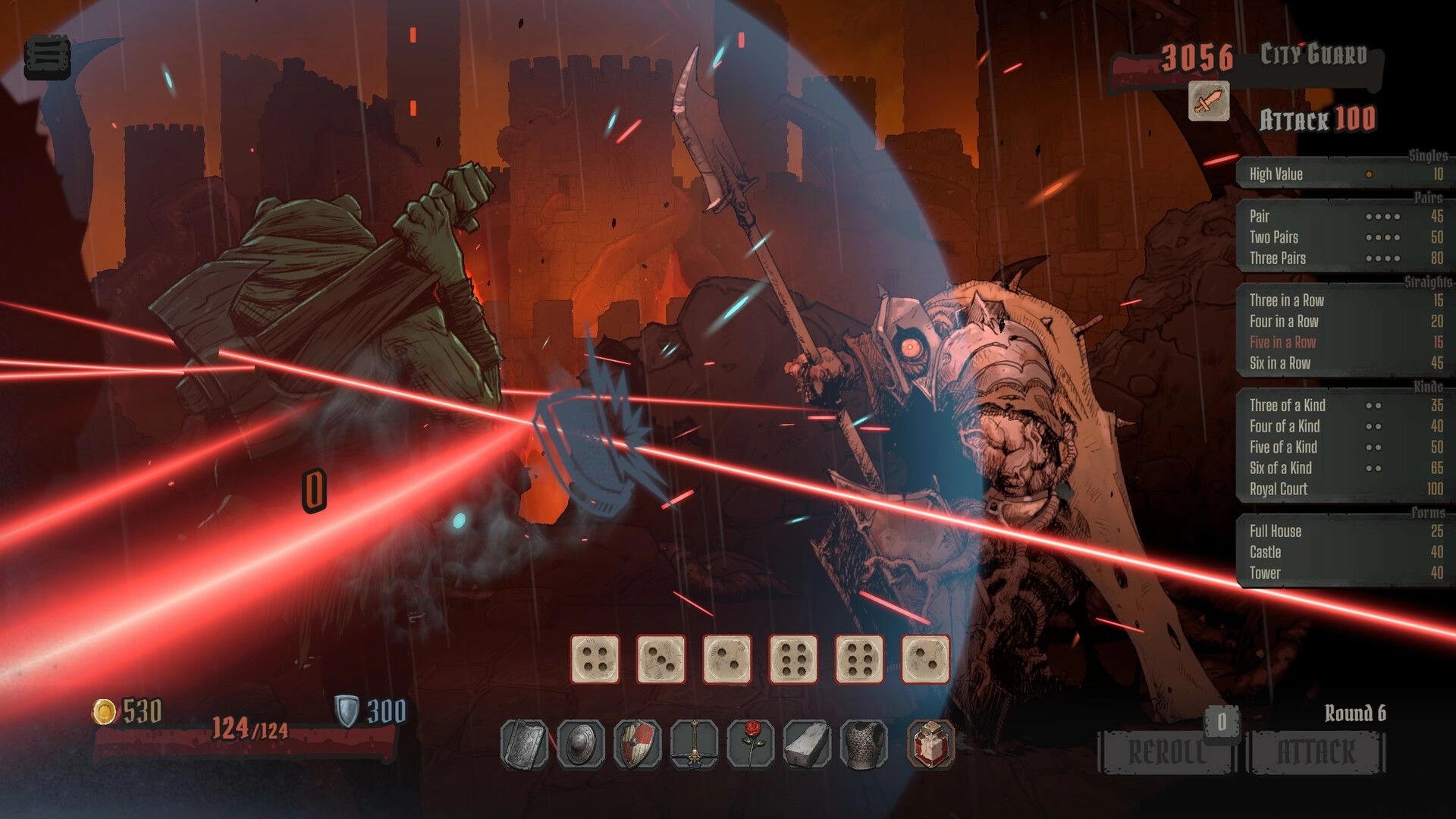 GrimKeep: Dice combat versus City Guard with attack table and reroll UI in ruined city siege scene.