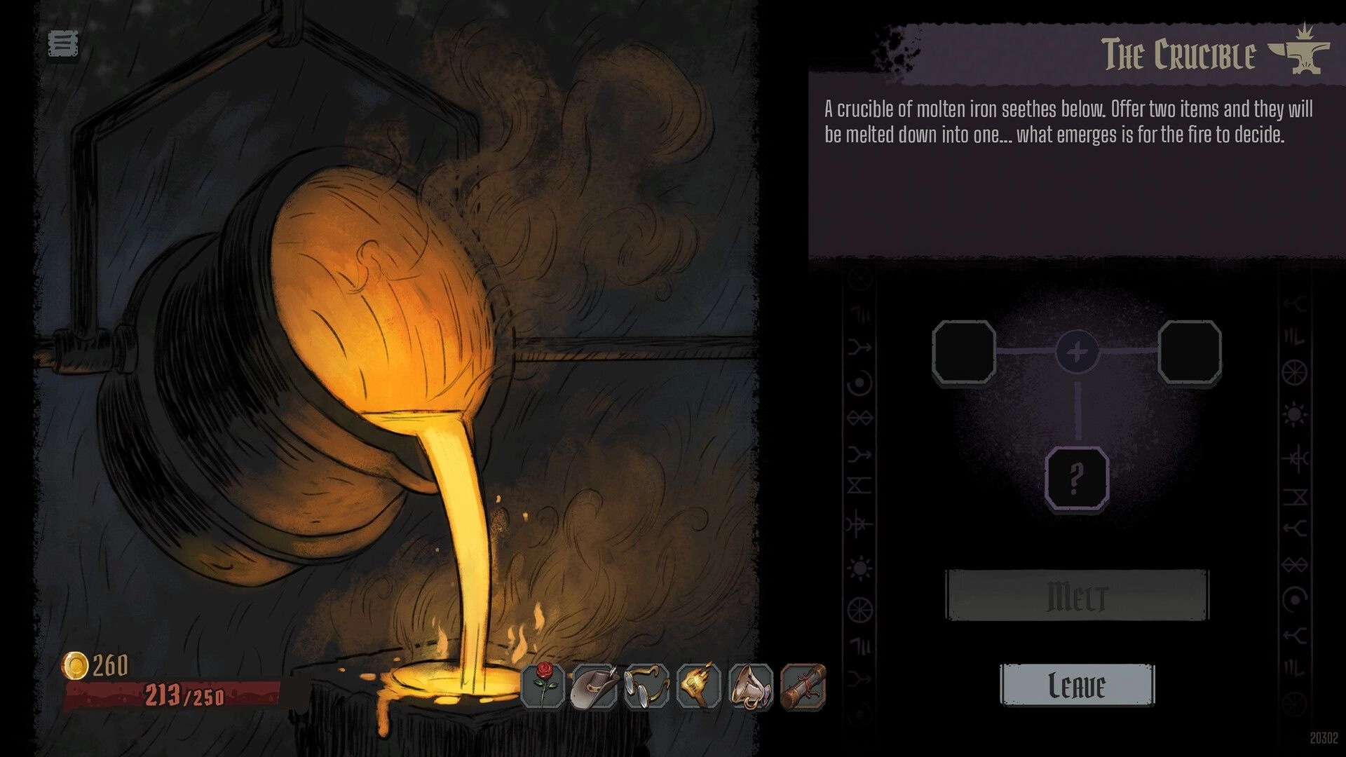 GrimKeep: The Crucible melt menu with two item slots and Leave button beside molten iron pourout.