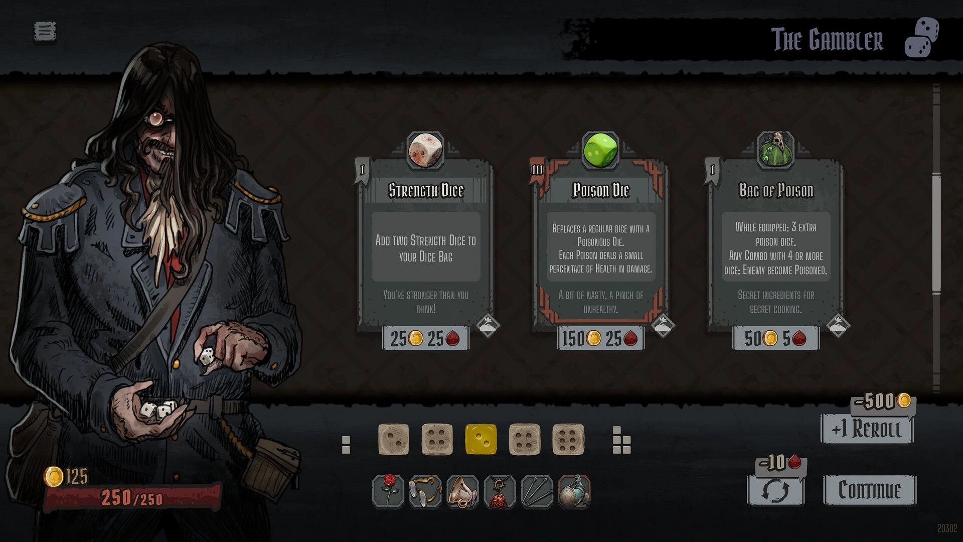 GrimKeep: The Gambler shop screen with Strength Dice, Poison Die, and Bag of Poison cards for sale.