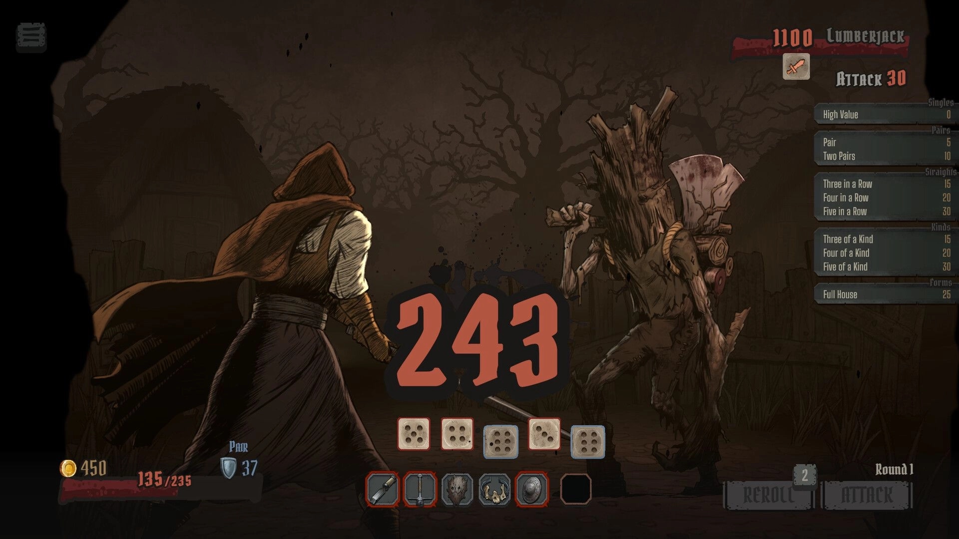 GrimKeep: Hooded hero attacks a Lumberjack enemy as big damage 243 pops up in a dark forest.