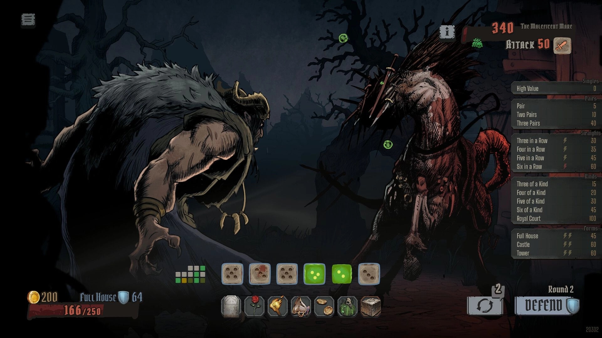 GrimKeep: Dice combat versus The Maleficent Mare in a dark forest, with roll UI and DEFEND button.