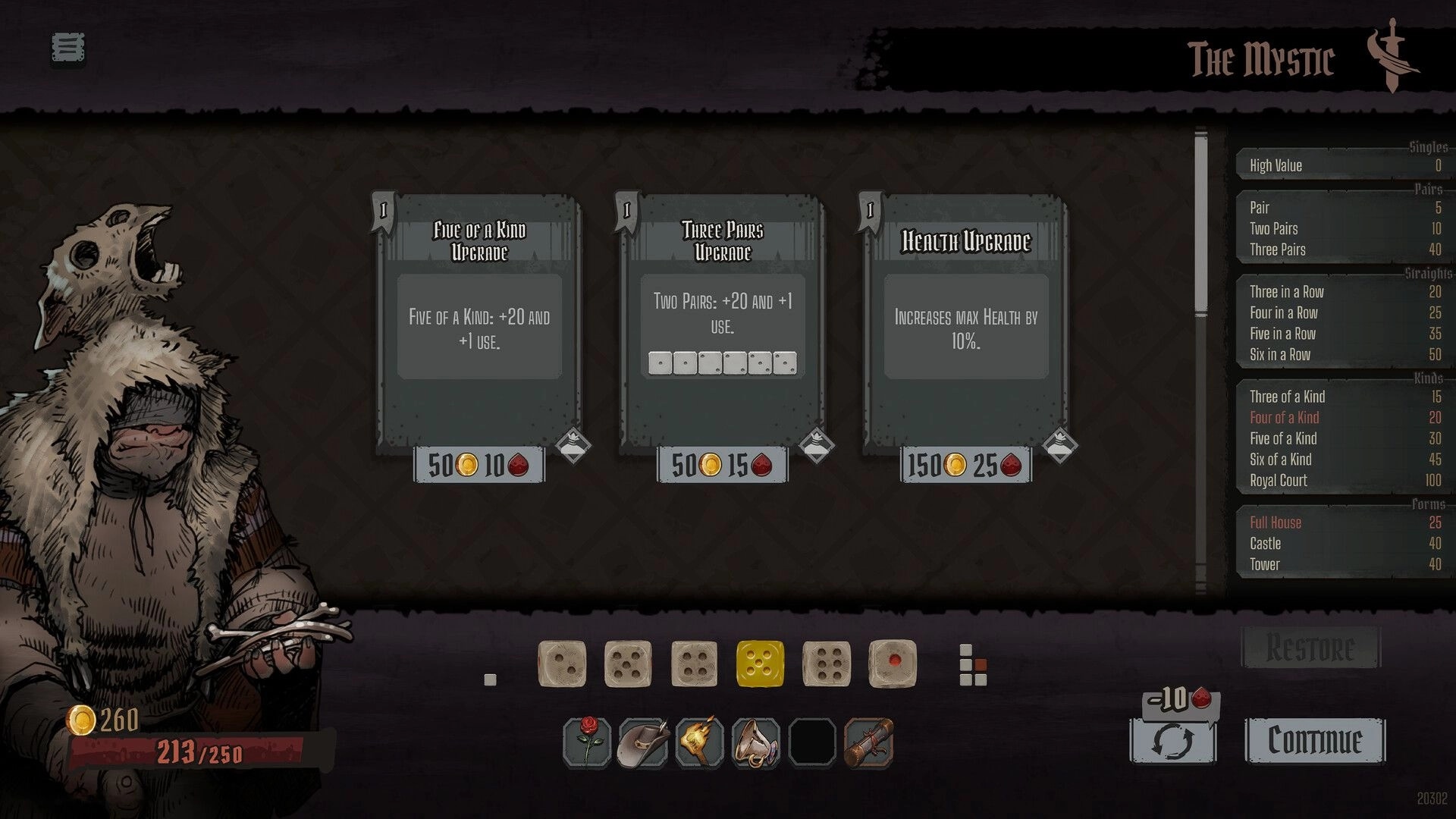 GrimKeep: Mystic shop upgrade menu with three cards and dice bar beside a hooded merchant UI.