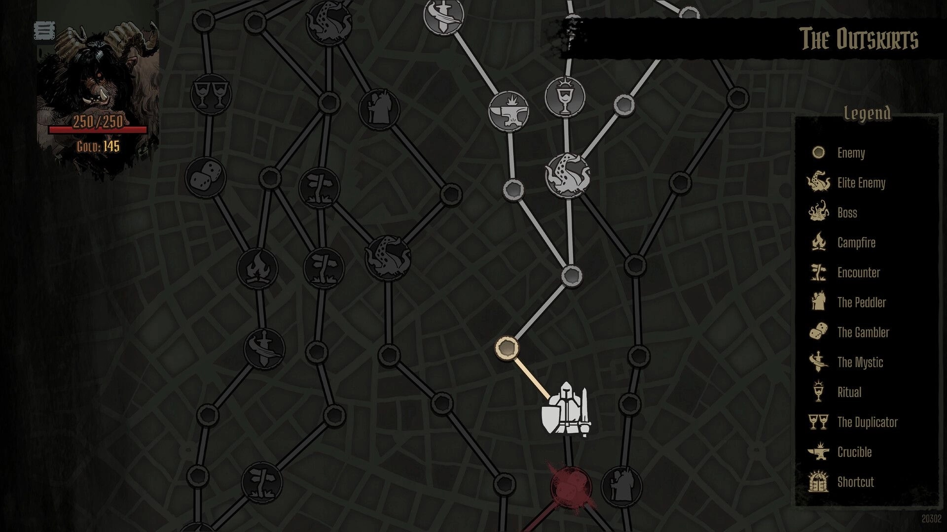 GrimKeep: Outskirts route map with branching nodes and legend panel over a dark city grid backdrop.