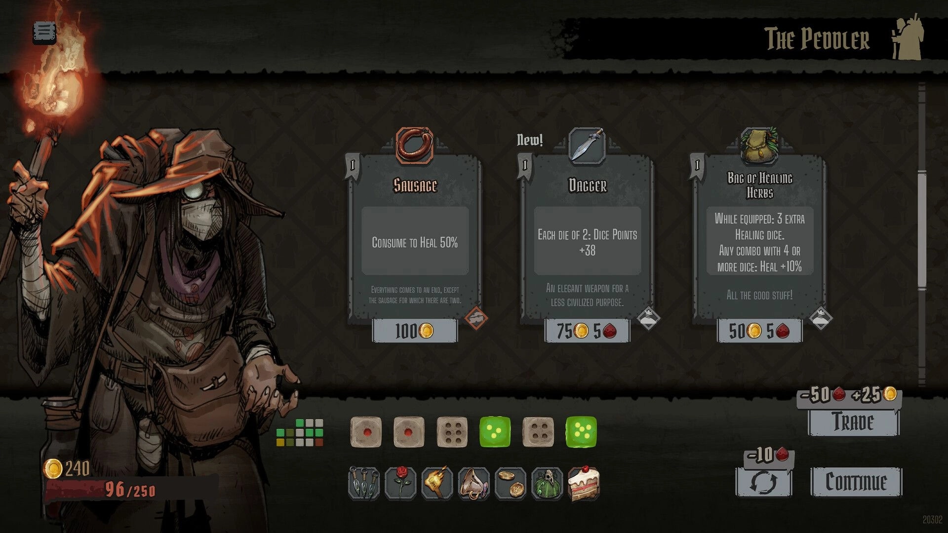 GrimKeep: Shop screen with Sausage, Dagger and Bag of Healing Herbs cards beside the Peodler vendor.