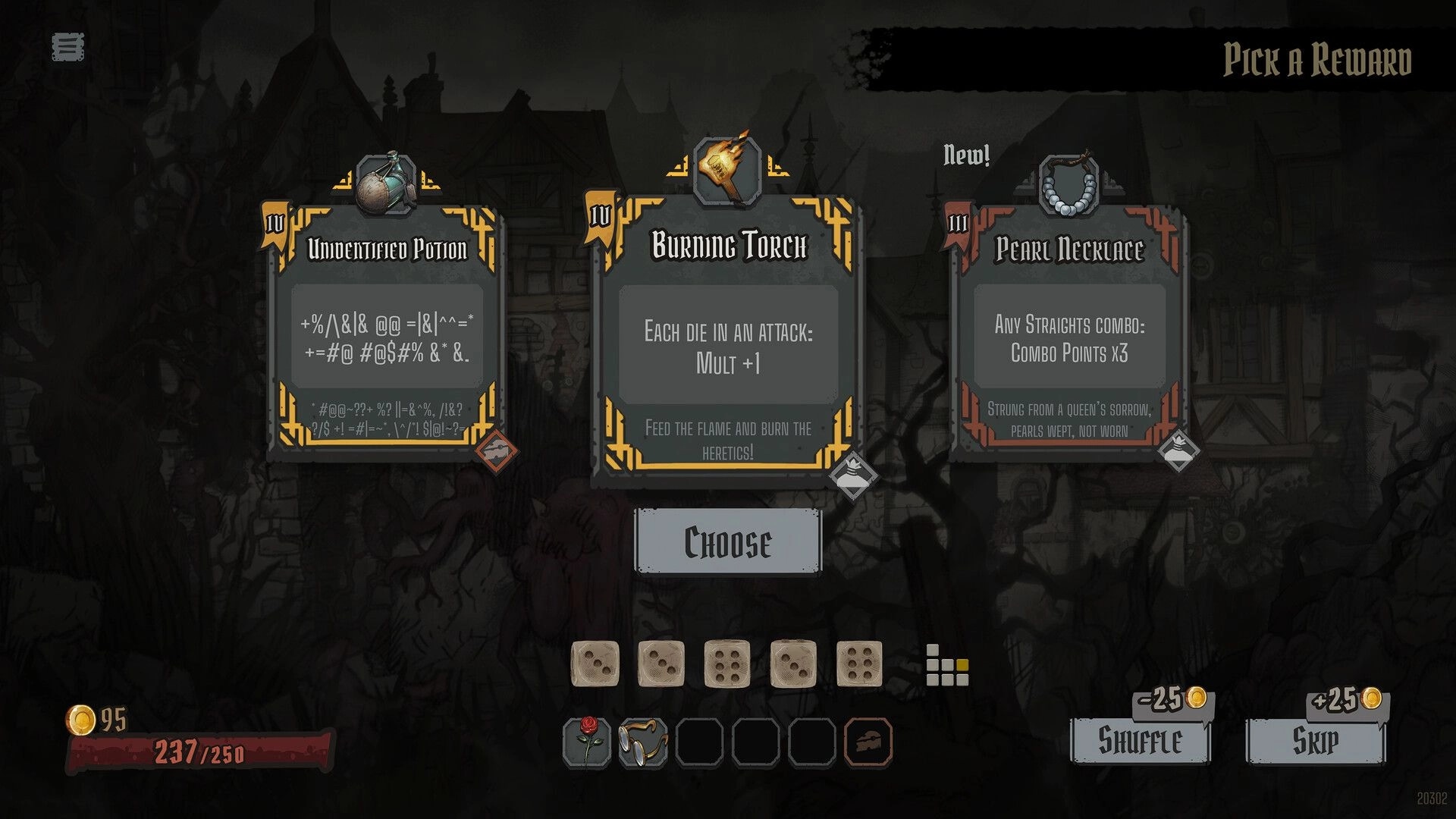 GrimKeep: Pick a Reward screen with three item cards and dice bar over a dark town backdrop.