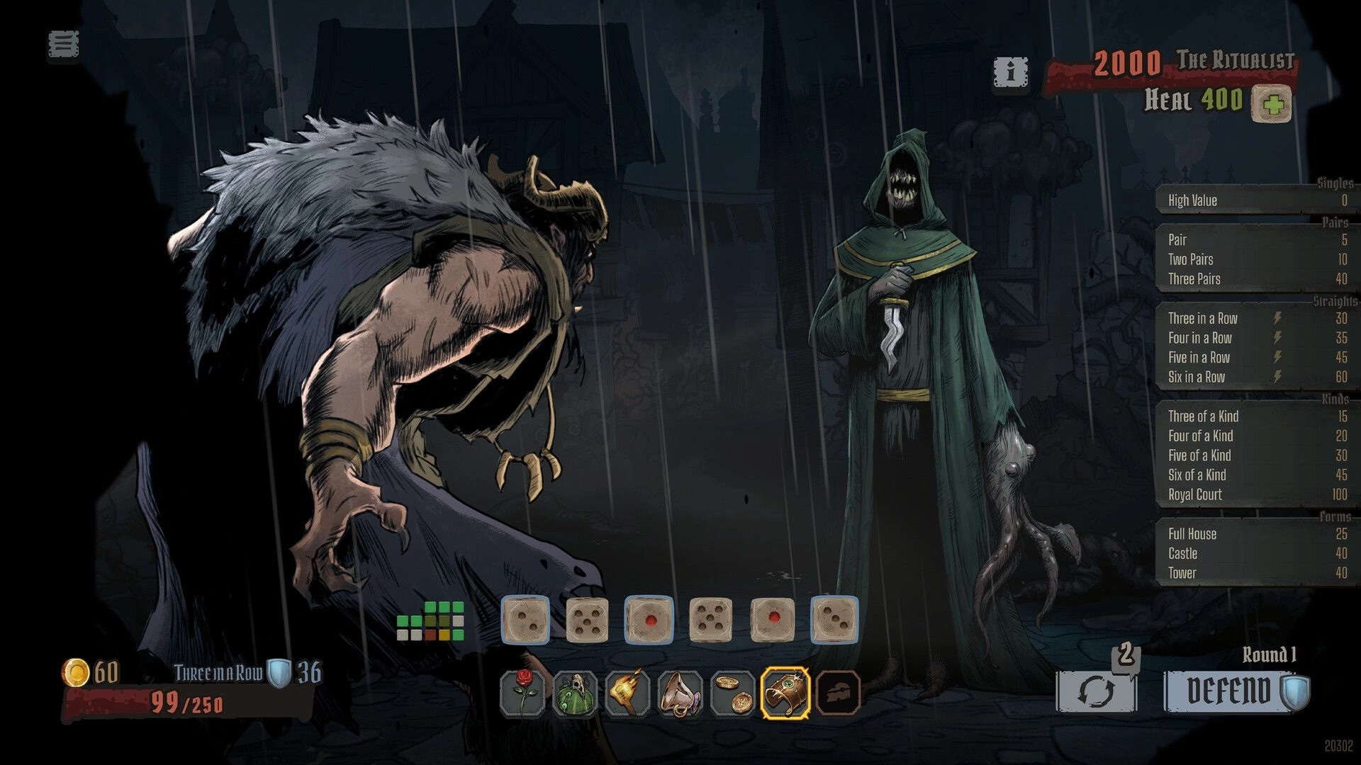 GrimKeep: Dice combat versus The Ritualist in rainy street, with roll bar, items, and Defend button.