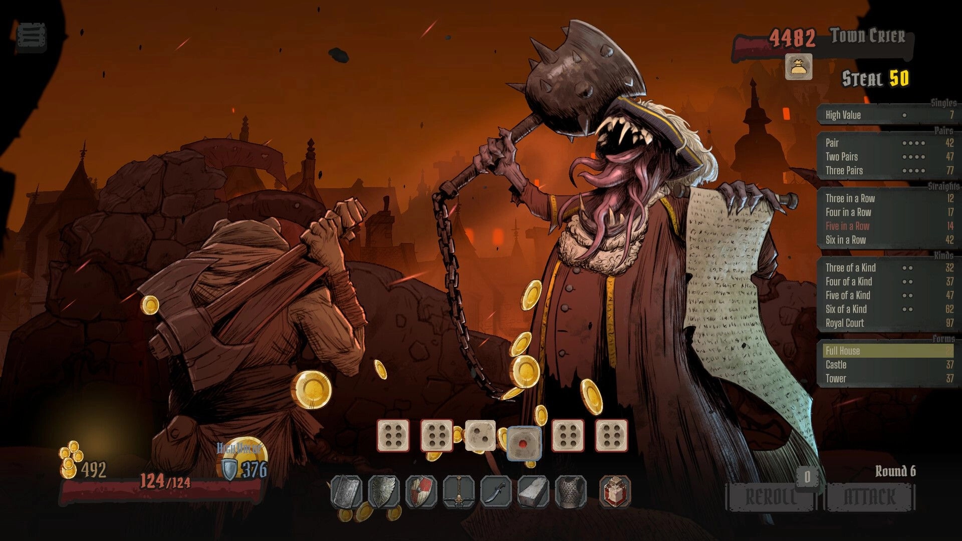 GrimKeep: Dice combat versus Town Crier monster with mace and score panel in burning city ruins.