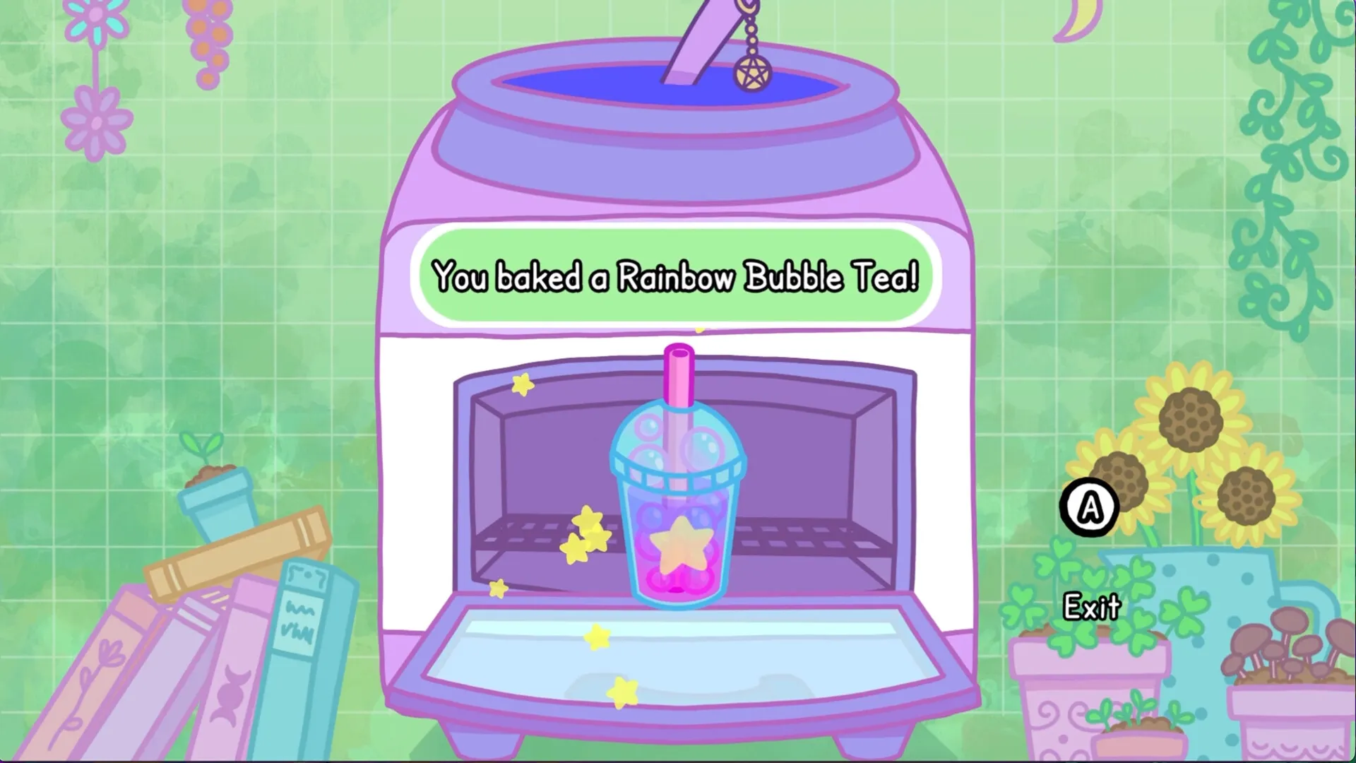 Grimoire Groves: Rainbow Bubble Tea created in magical oven with animated stars and plants nearby
