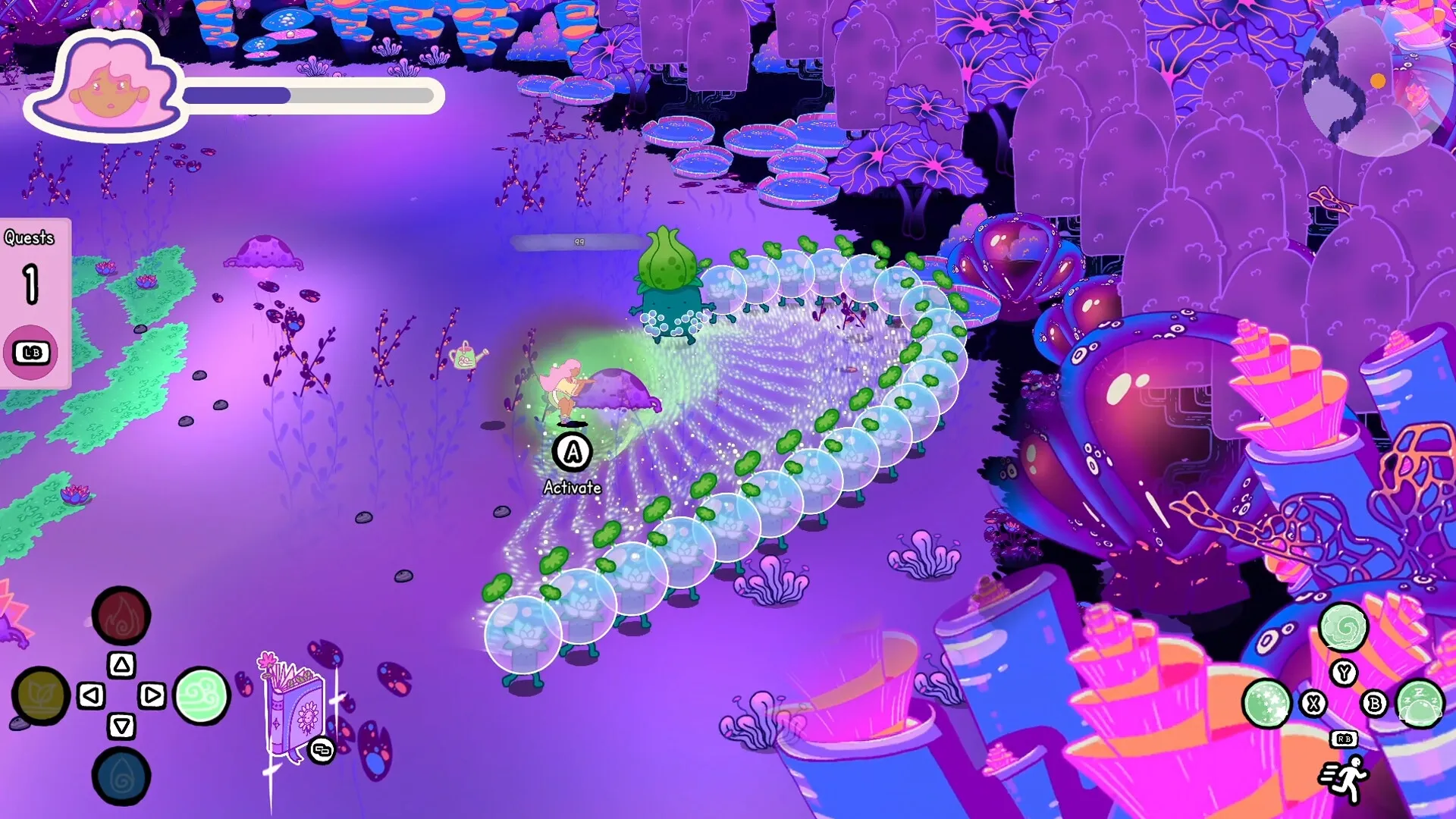 Grimoire Groves: Witch activates magic plant creatures in vibrant, mystical forest environment.