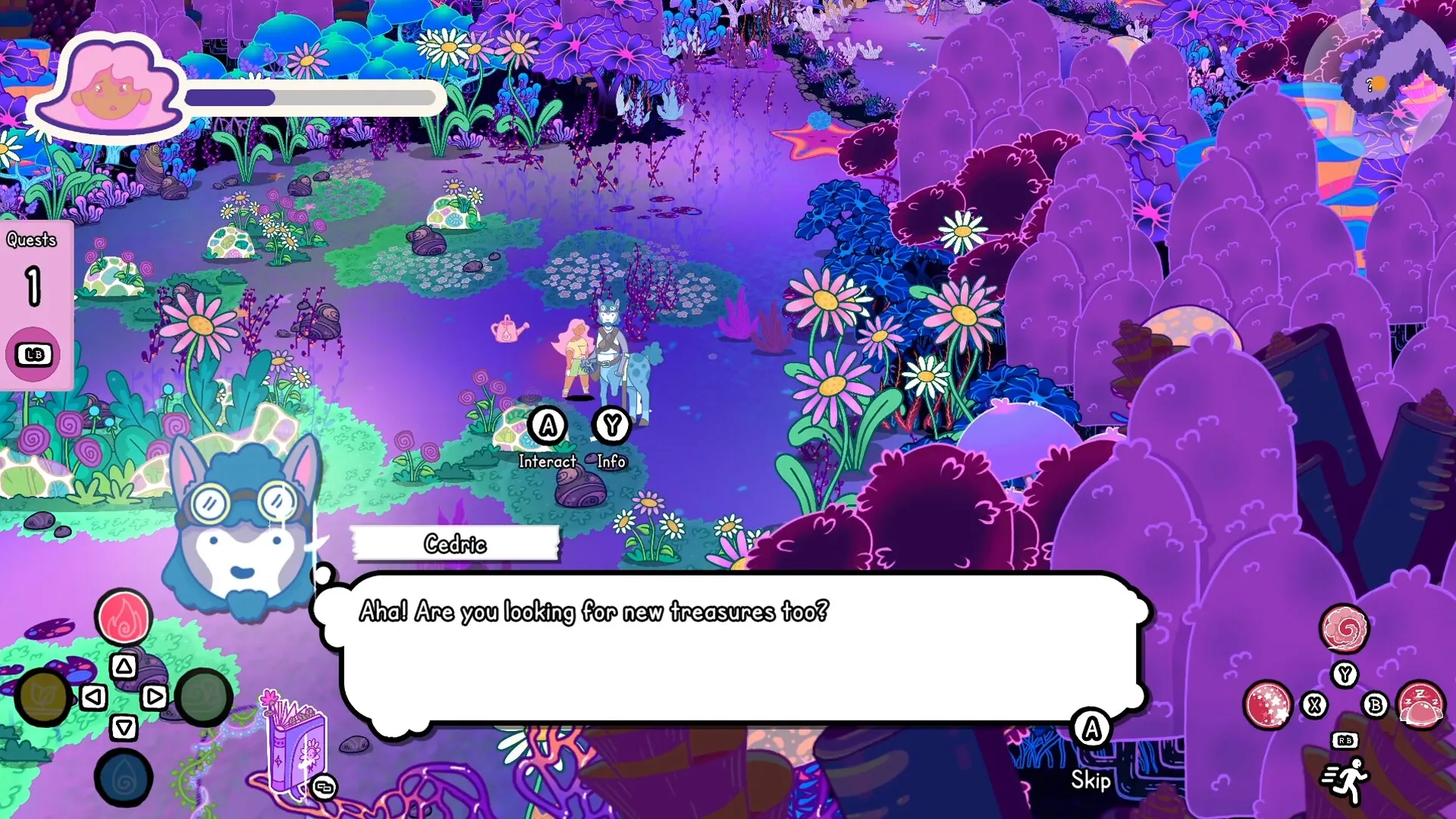 Grimoire Groves: Cedric interacts with player in a vibrant, magical forest filled with colorful flora.