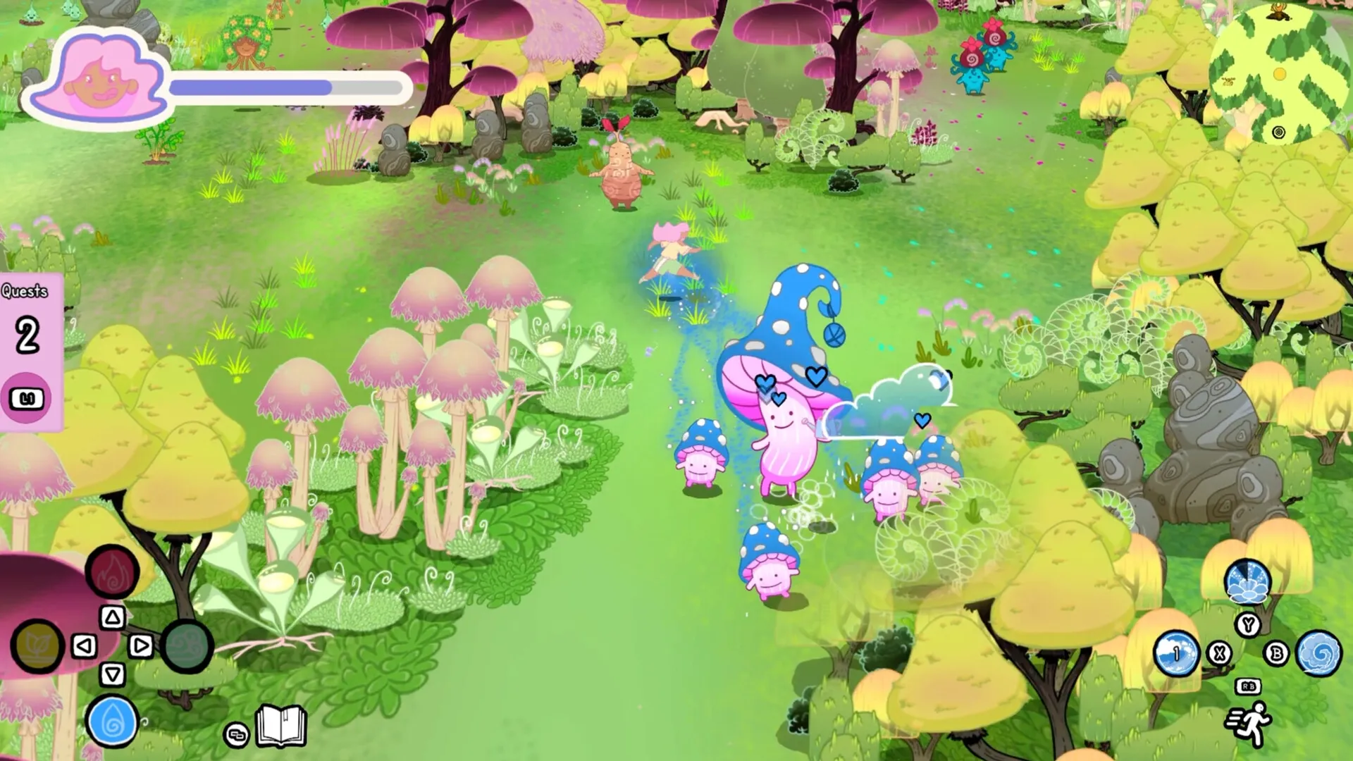 Grimoire Groves: Witches interact with cute mushroom creatures in a vibrant, enchanted forest setting.