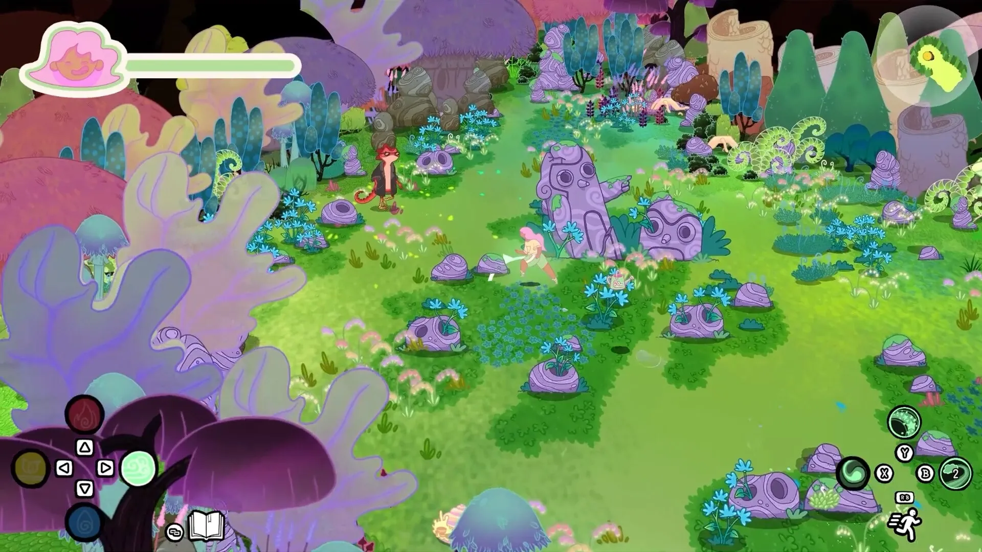 Grimoire Groves: Two characters explore a vibrant, magical forest with colorful plants and UI icons visible.