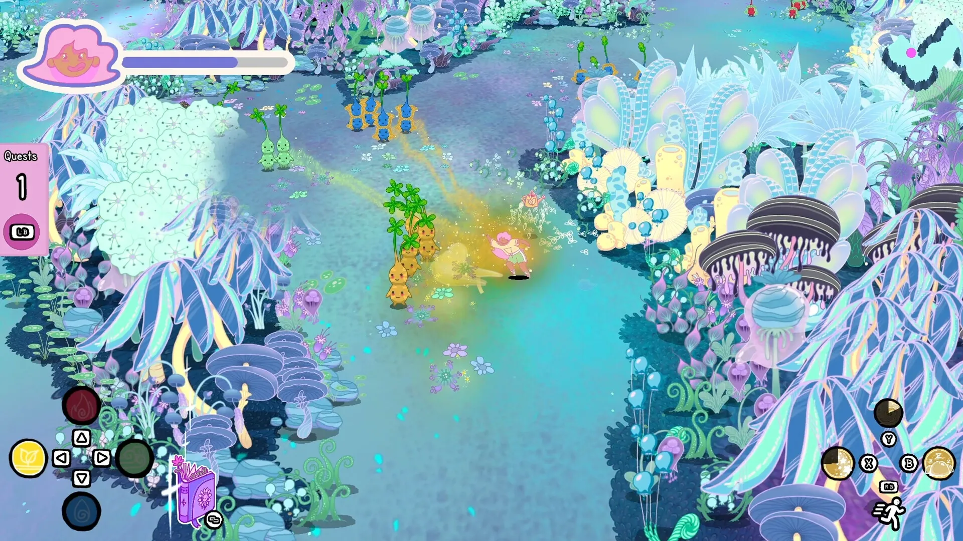 Grimoire Groves: Witch casting magic among vibrant plants and creatures in a colorful enchanted forest