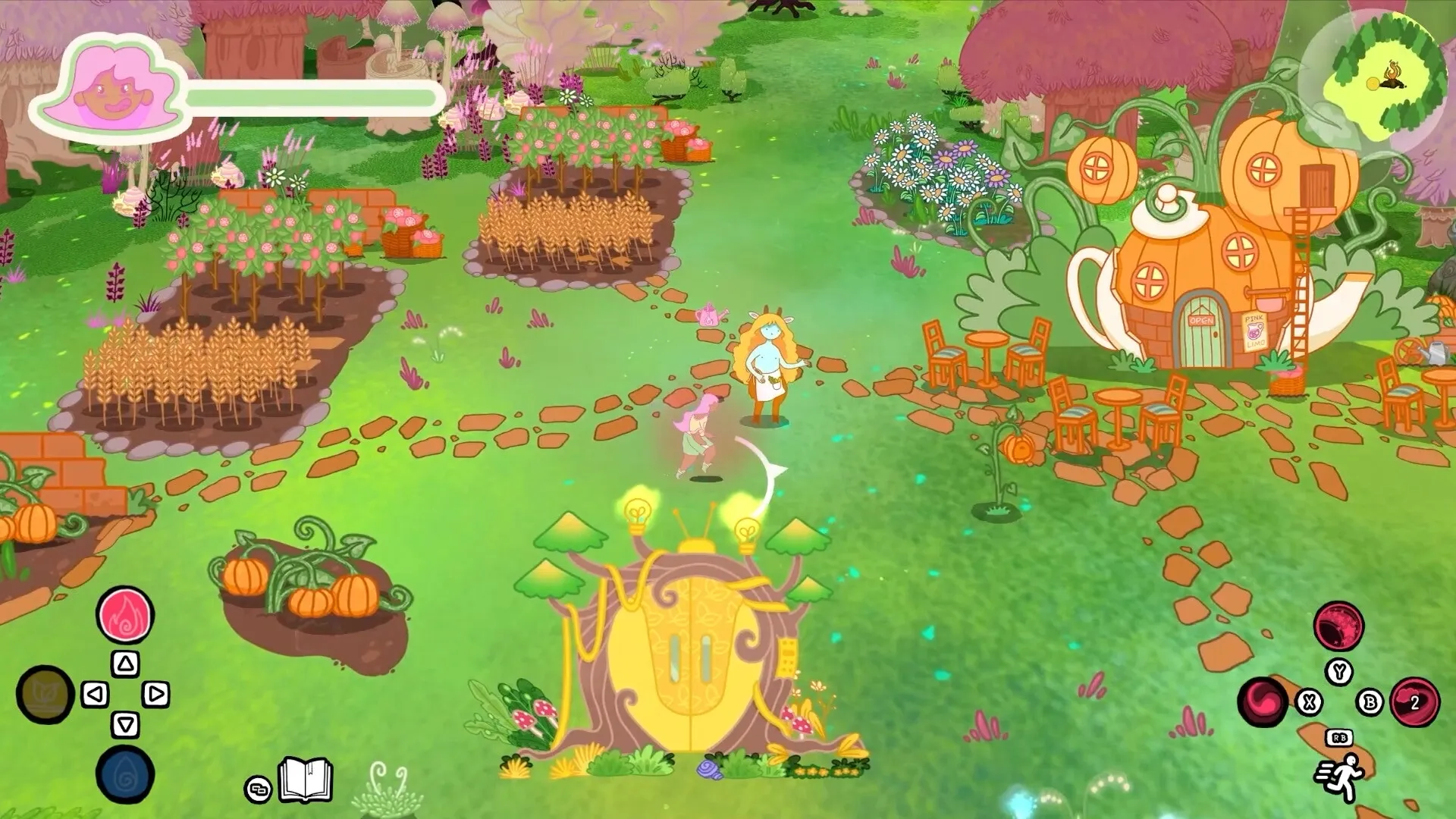 Grimoire Groves: Witch and lion character in vibrant garden with crops and pumpkin house nearby