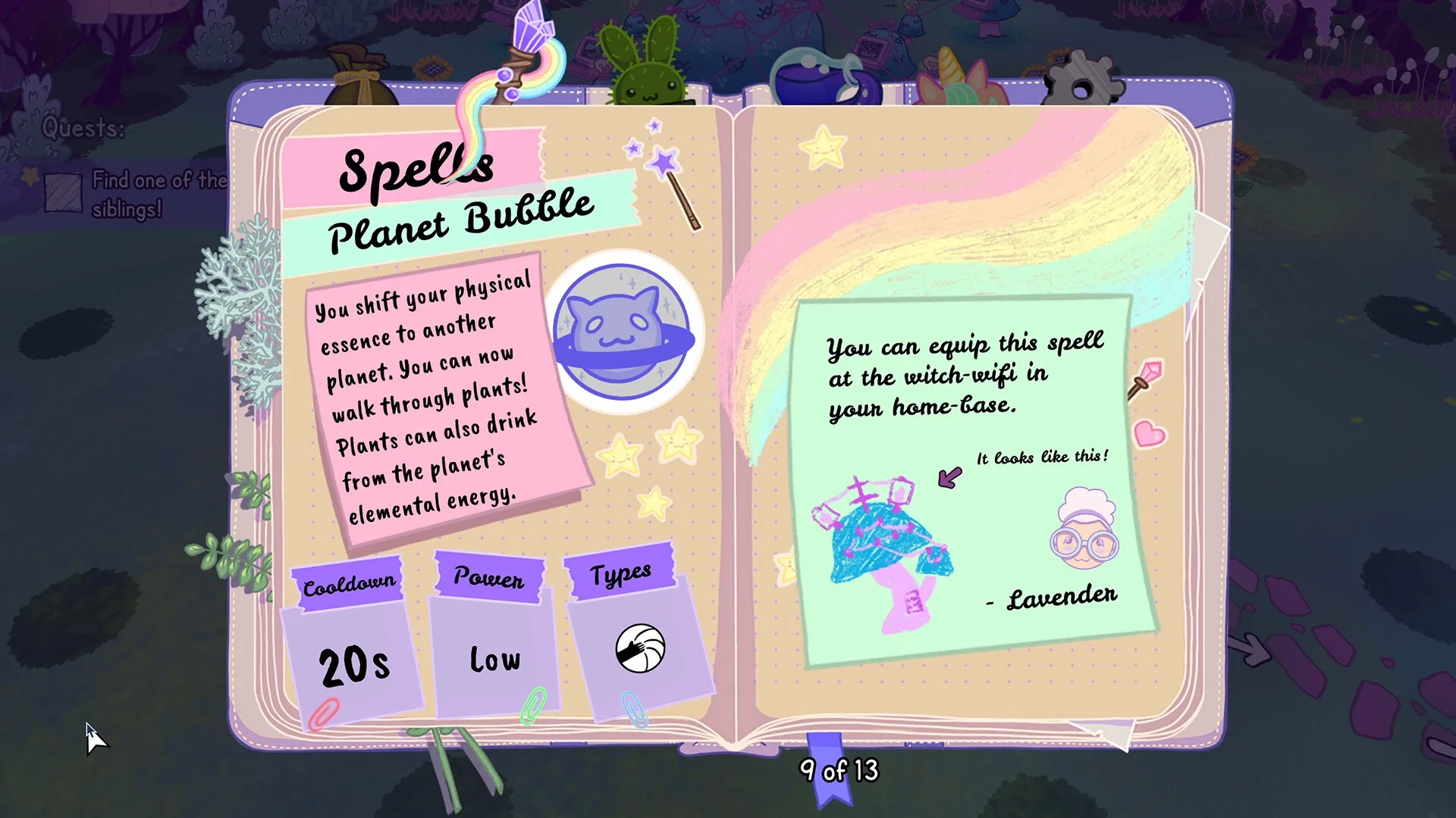 Grimoire Groves: Spellbook open to "Planet Bubble" spell description with cooldown and power details.