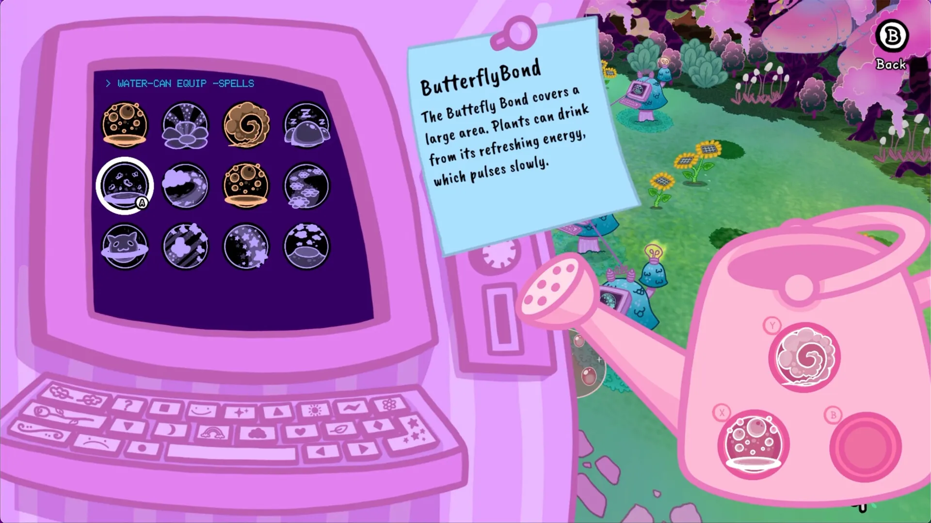 Grimoire Groves: Spell selection menu with ButterflyBond description and magical garden in background