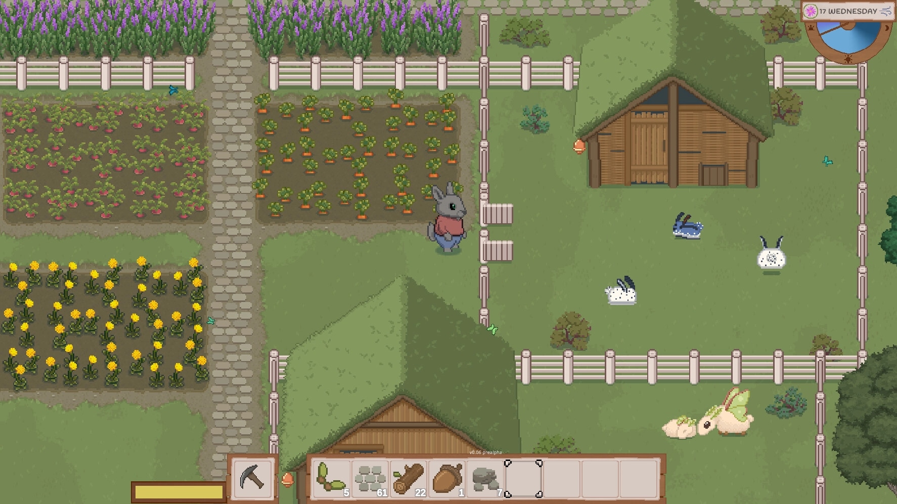 Grimshire: Character exploring farmland with crops and bunnies visible, inventory bar at bottom.