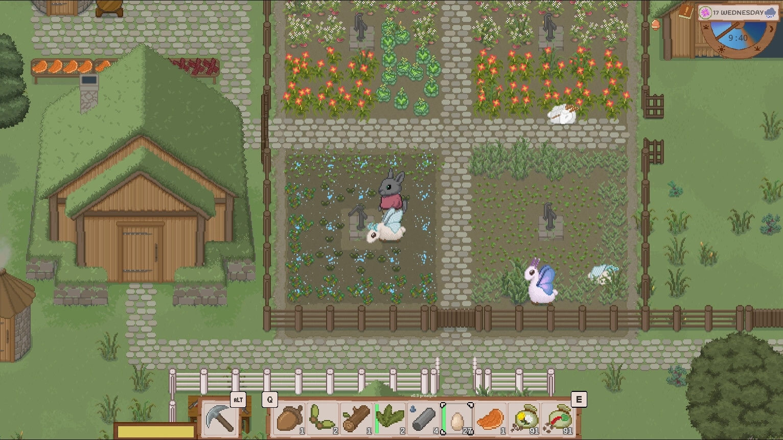 Grimshire: Character farming with rabbits and butterflies in a lush garden, inventory menu shown