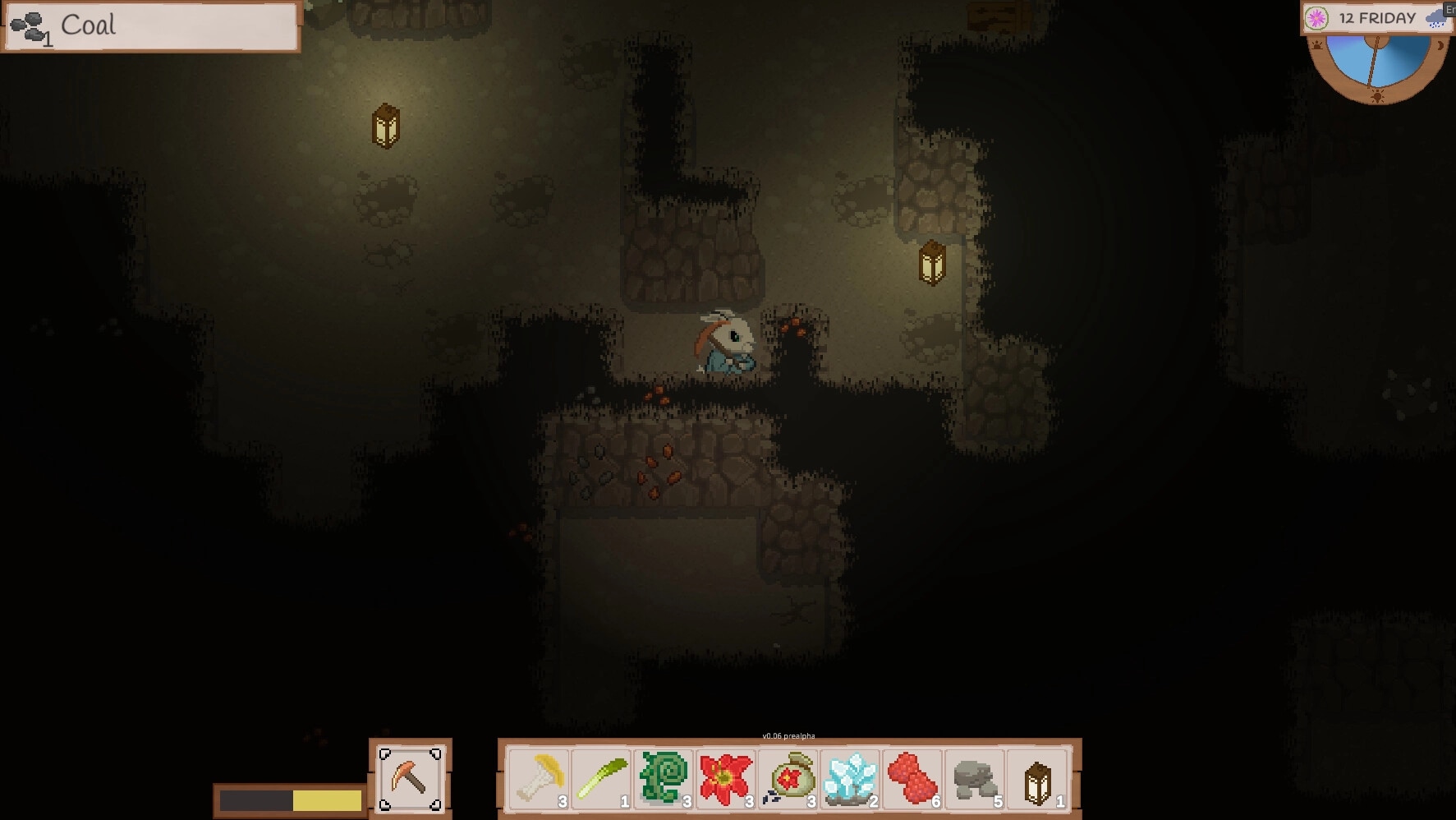 Grimshire: Character explores dimly lit cave with lanterns, coal display, and resource inventory visible.