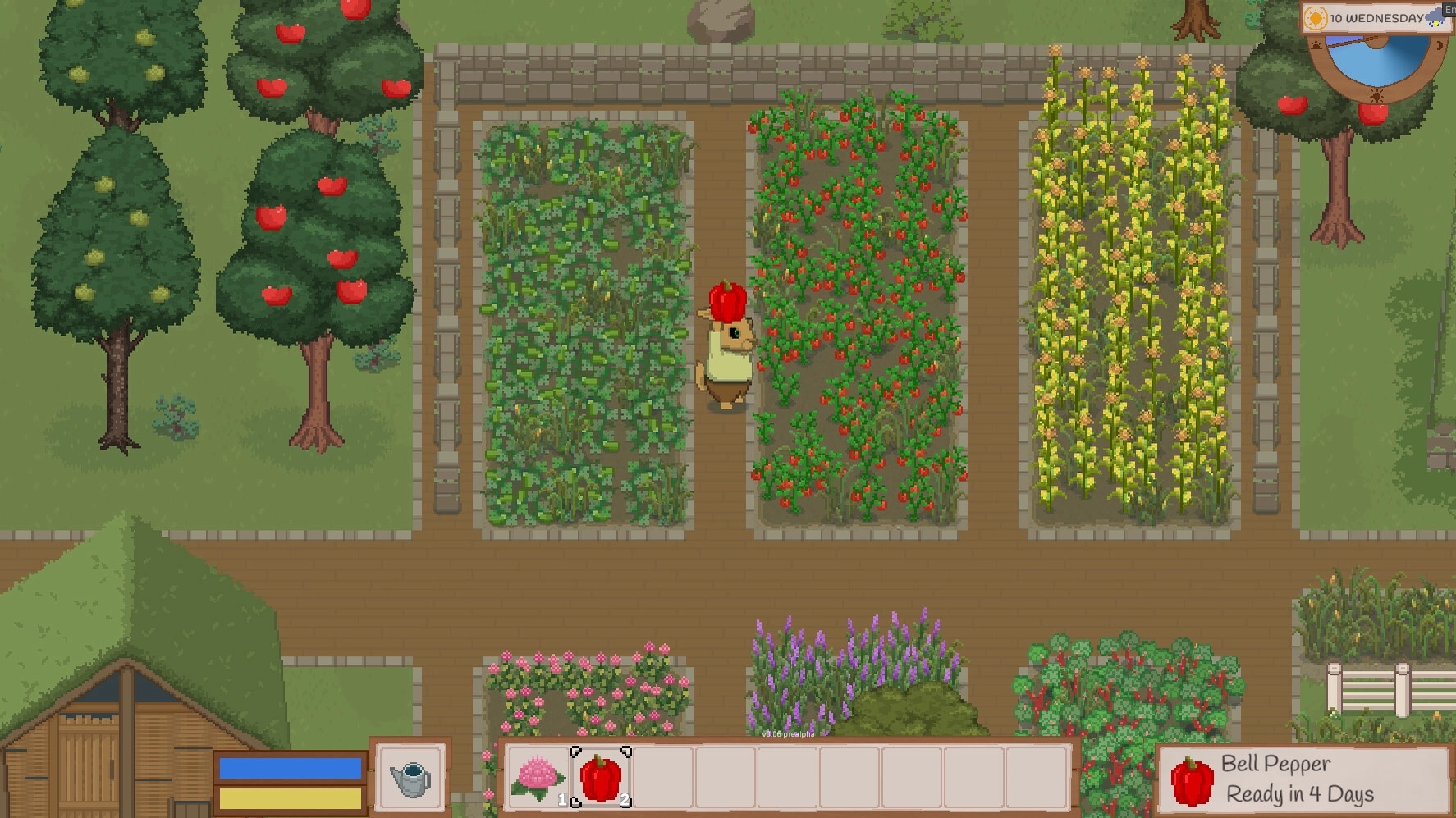 Grimshire: Farmer harvesting crops in a vibrant garden with inventory and day cycle UI displayed