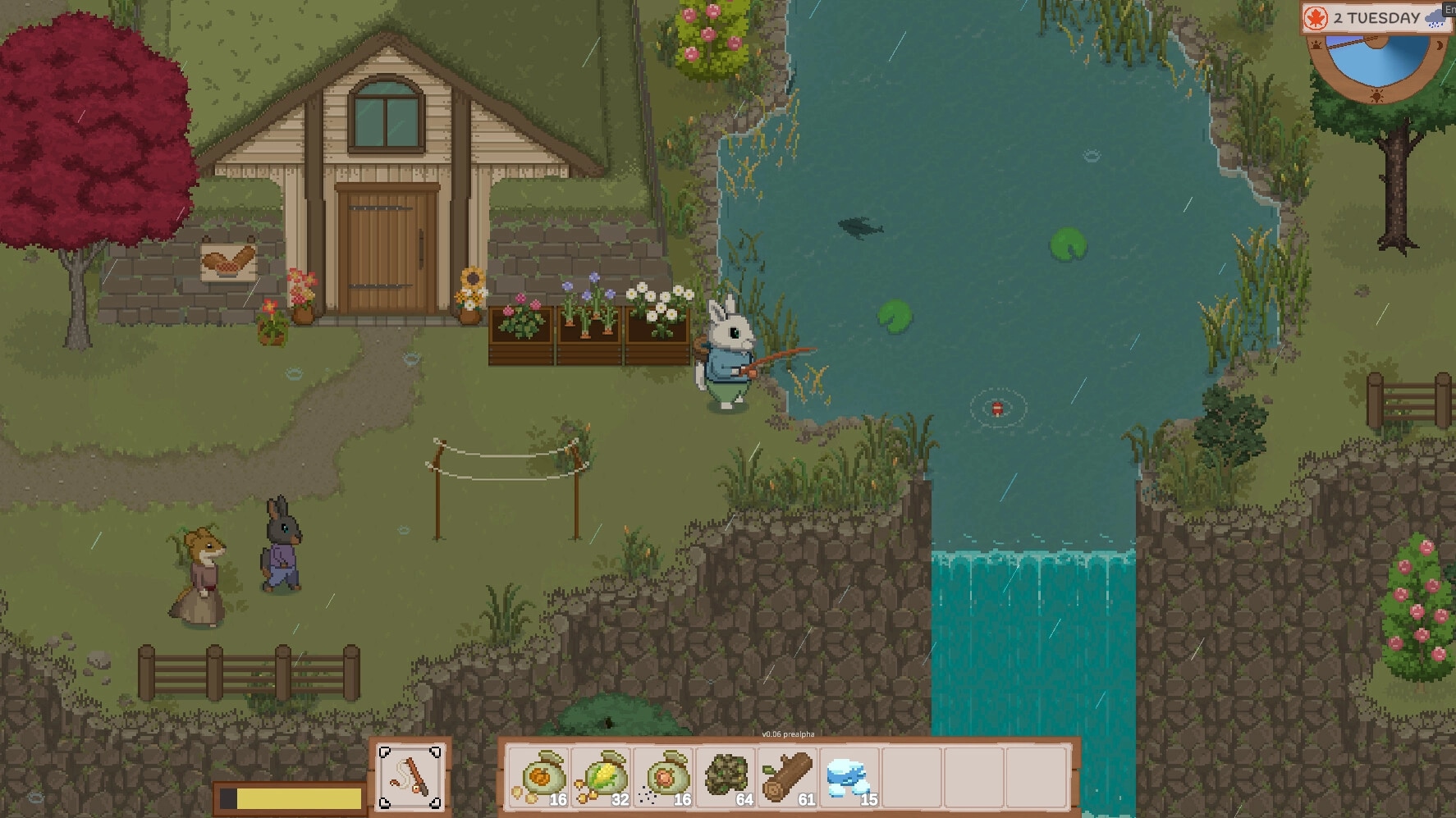 Grimshire: Rabbit character fishing by a pond near a cottage, with inventory items displayed below