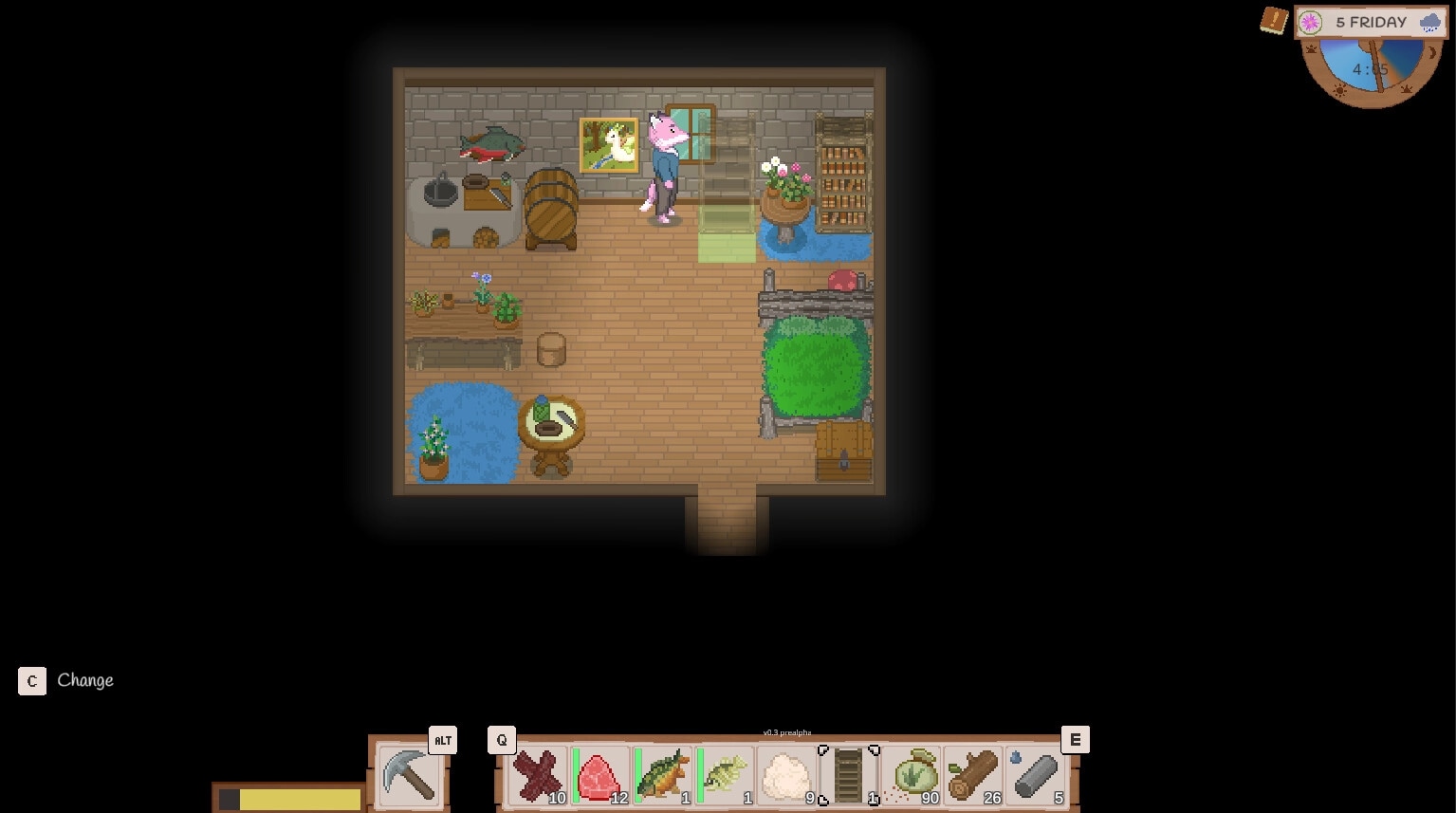 Grimshire: Character in pink suit examines cozy room with plants and a barrel, interface below displays items