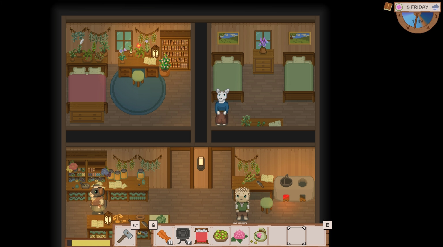 Grimshire: Three animal characters in cozy home with inventory bar and calendar UI elements visible.