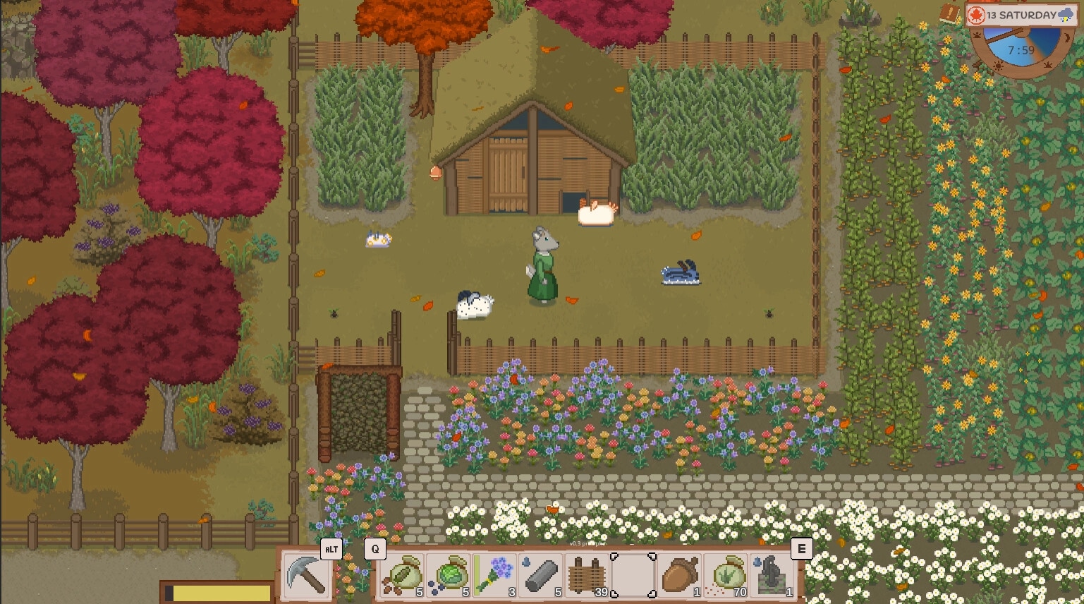 Grimshire: Character tending rabbits and crops in vibrant autumn farm with inventory UI displayed