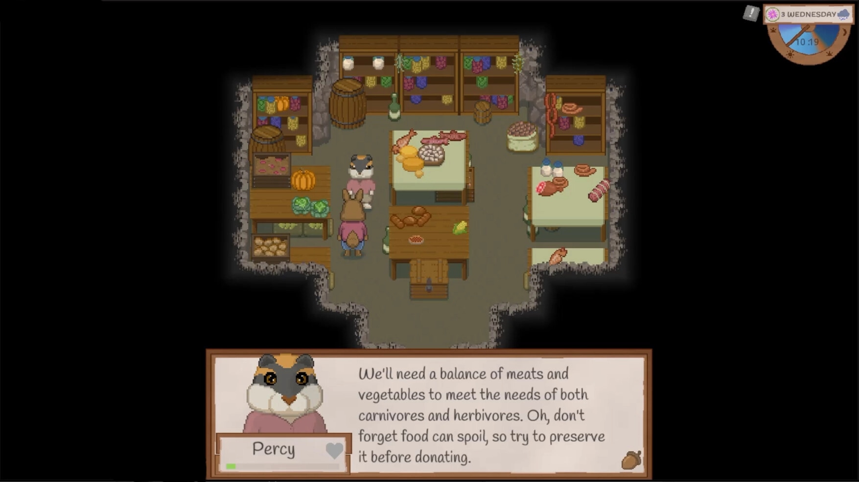 Grimshire: Percy discussing food preservation in a well-stocked root cellar with shelves and tables.
