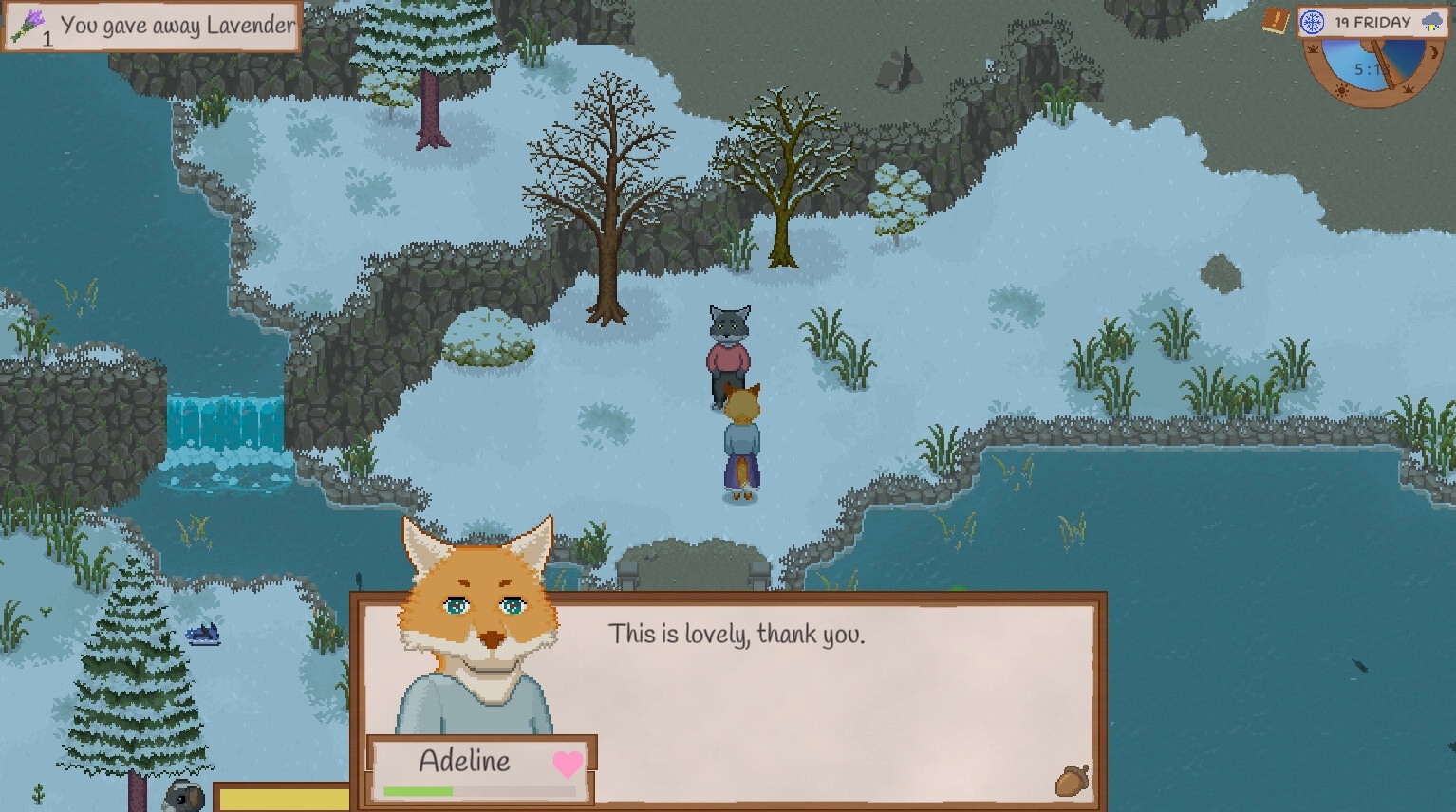 Grimshire: Adeline receives lavender gift on snow-covered path by a frozen lake and waterfall.