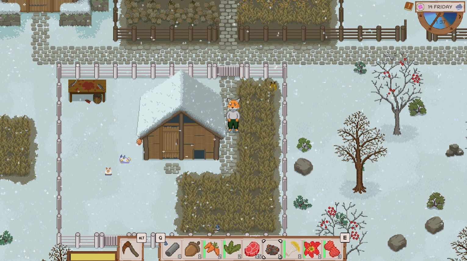 Grimshire: Character stands by snow-covered barn with inventory menu visible in winter landscape.