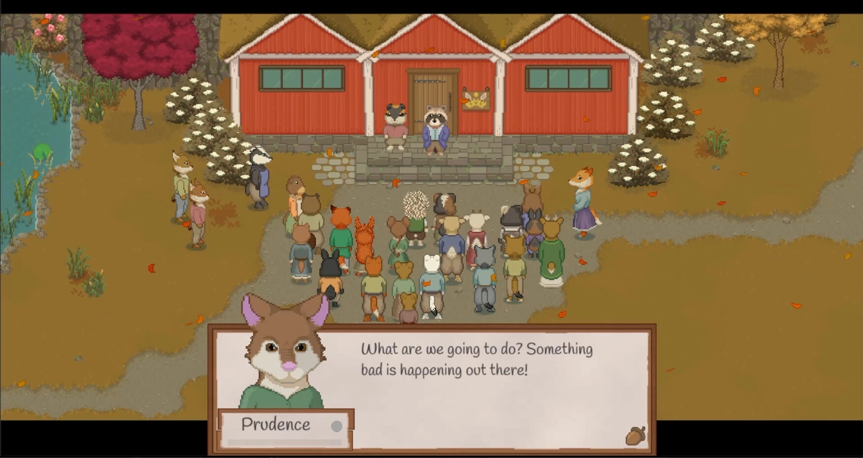 Grimshire: Prudence speaks to villagers gathered outside red barn in autumn setting