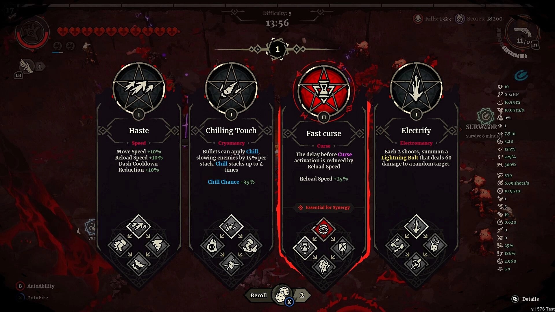 Grind Survivors: Skill selection menu with options for Haste, Chilling Touch, Fast Curse, and Electrify