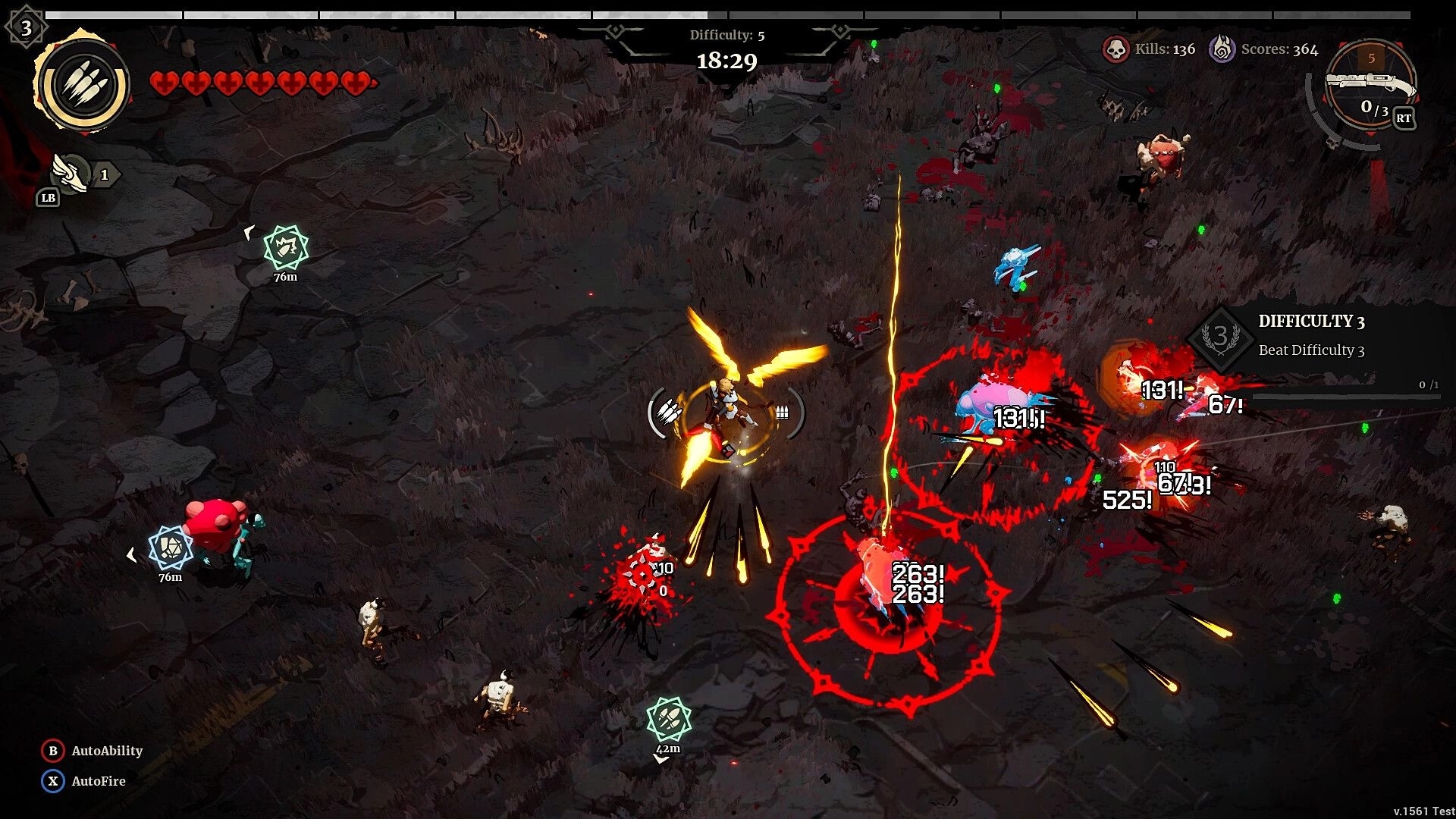 Grind Survivors: Character battling demons in scorched landscape, displaying health and ability UI elements.