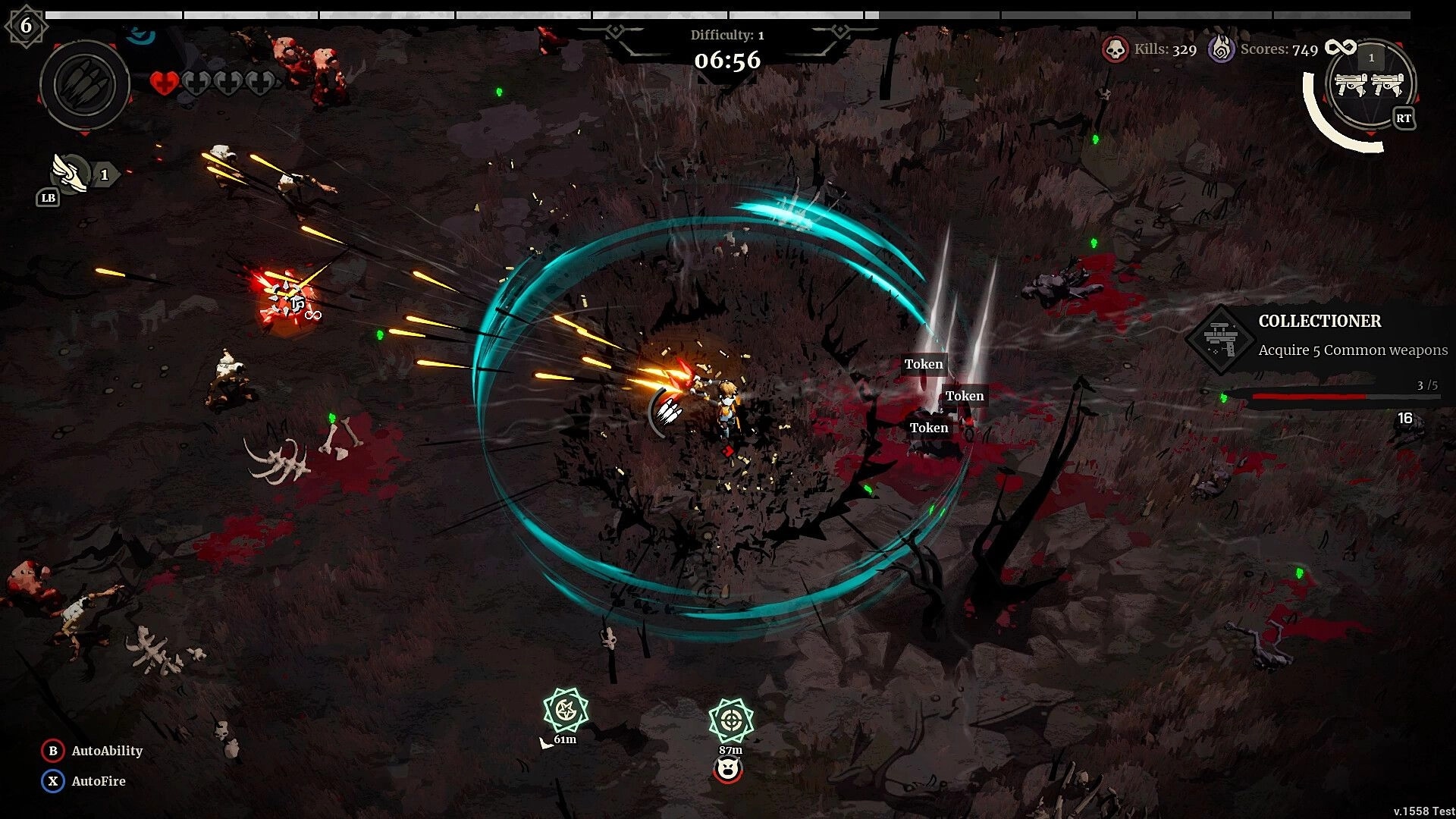 Grind Survivors: Player battles demons using special abilities in a dark, blood-soaked battlefield