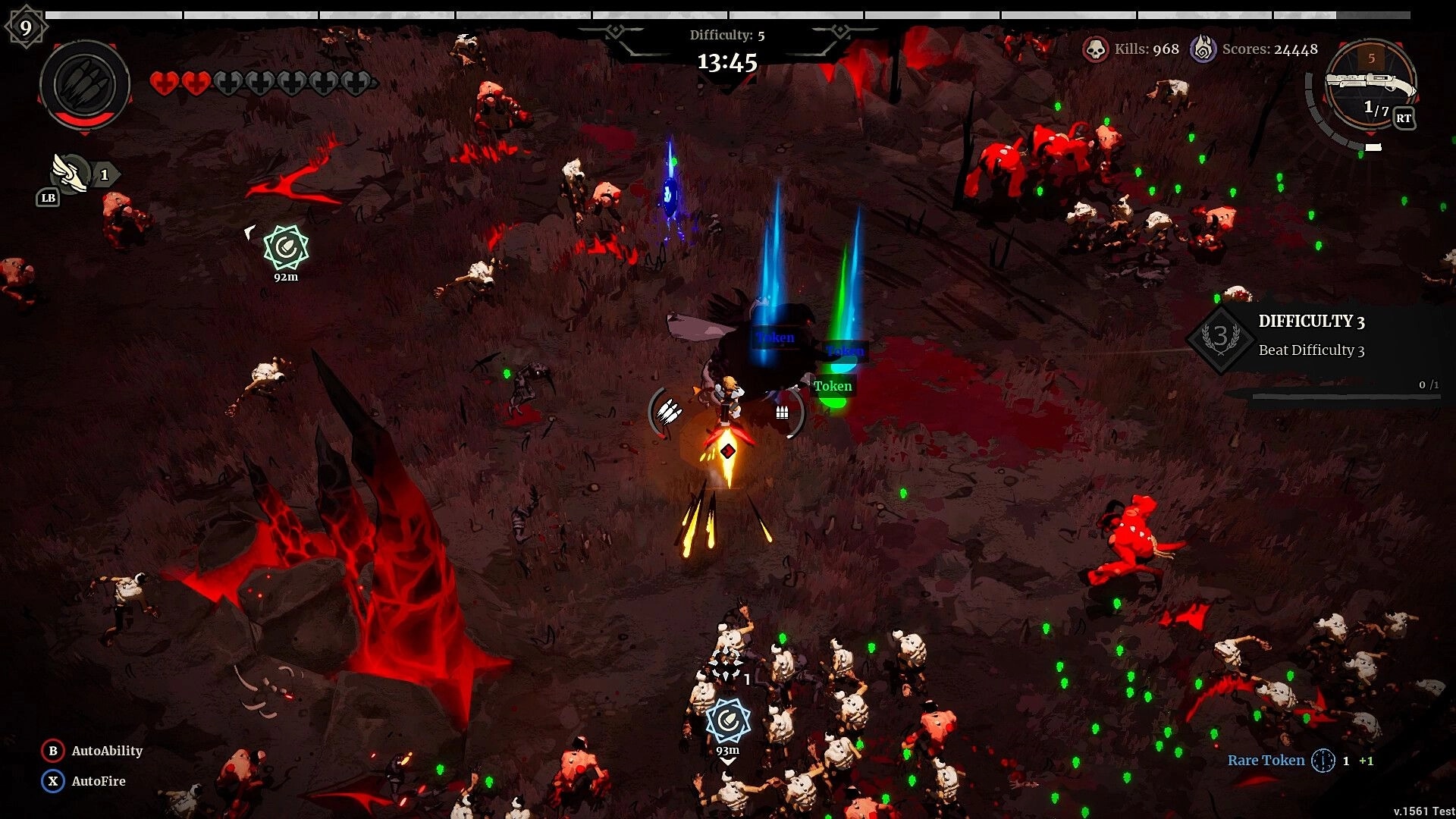 Grind Survivors: Player battling demons in a desolate, blood-soaked wasteland with health and score UI.