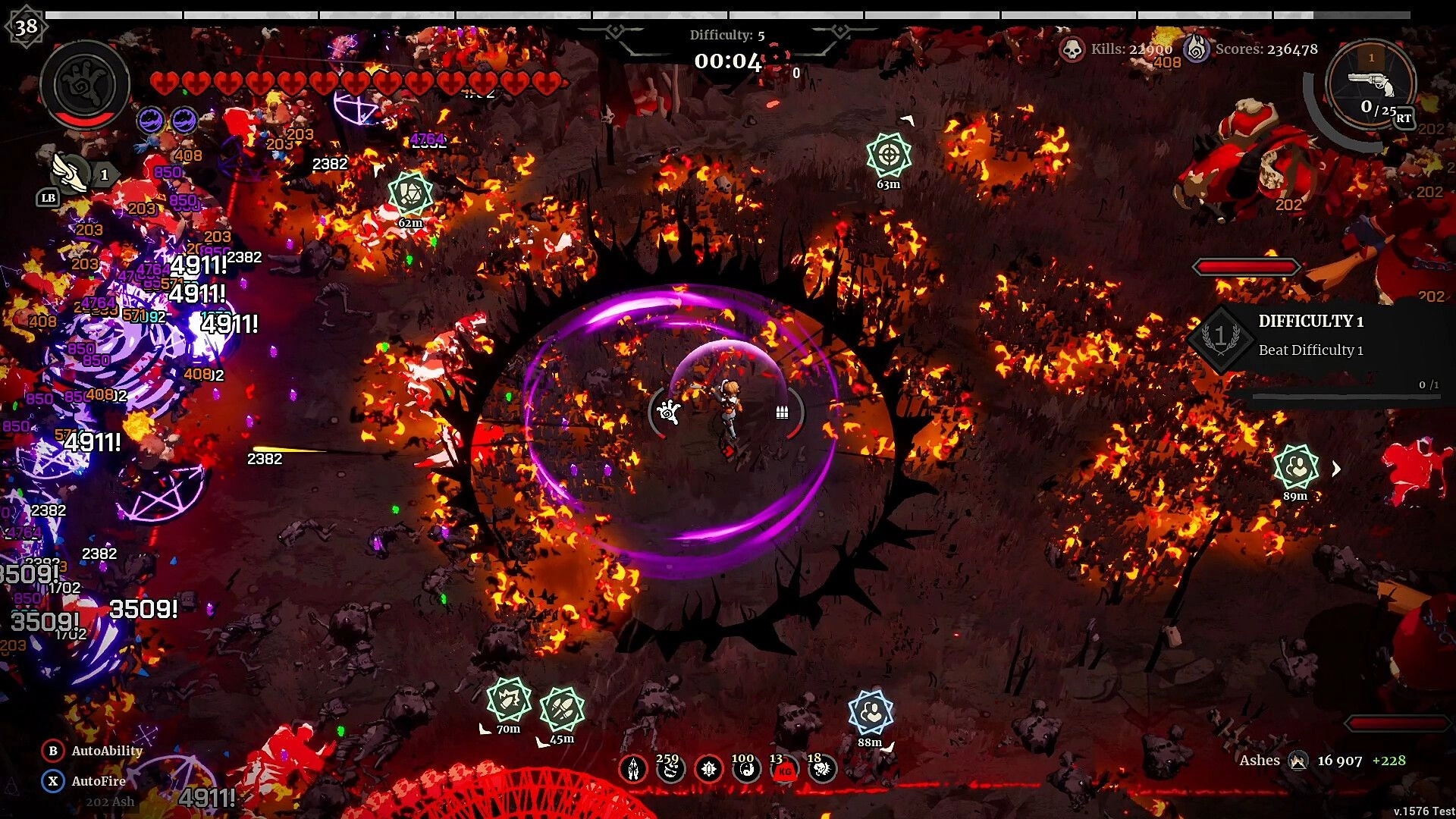 Grind Survivors: Demon hunter battling hordes in fiery wasteland with health and difficulty indicators