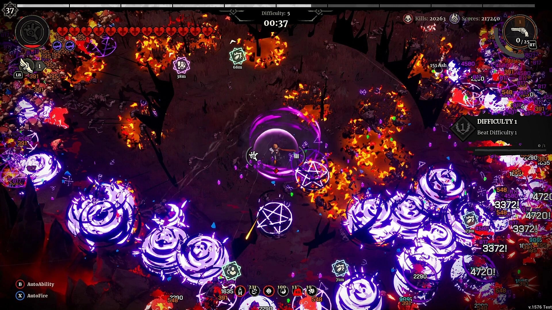 Grind Survivors: Top-down view of character in fiery battlefield with spell effects and enemy swarms.