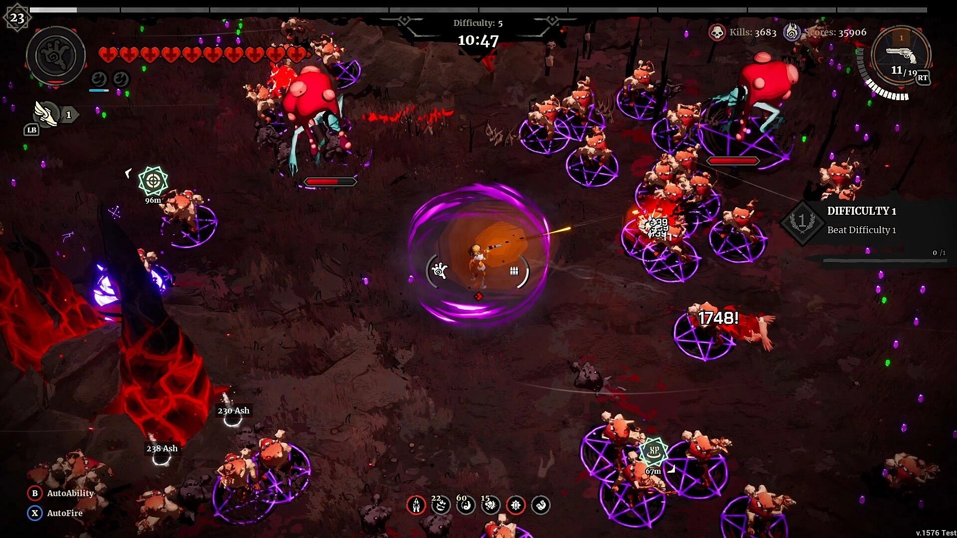Grind Survivors: Player surrounded by demons in dark battlefield with health and skills UI visible