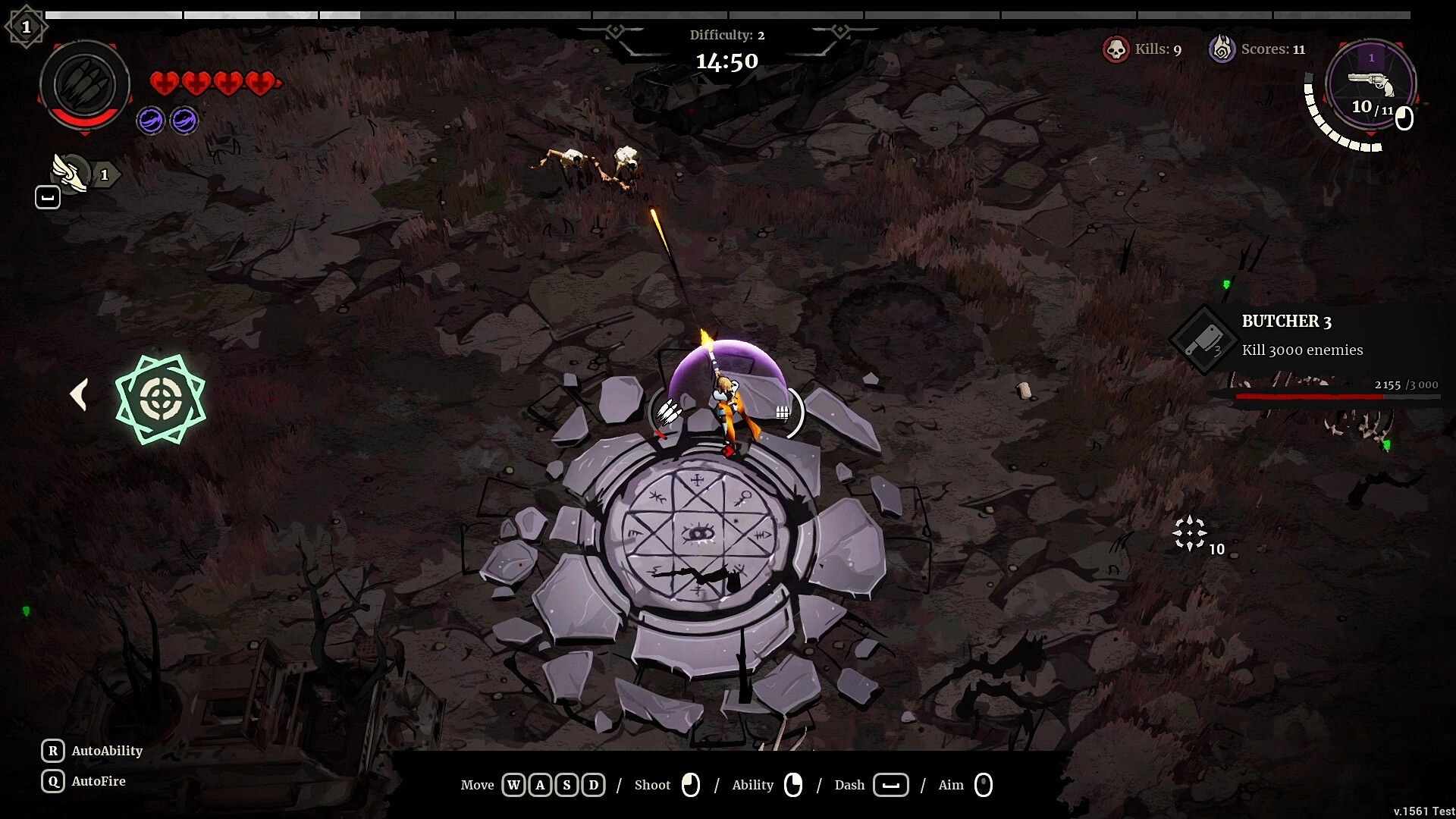 Grind Survivors: Hunter battles enemies on a circular stone platform in a desolate, scorched landscape.