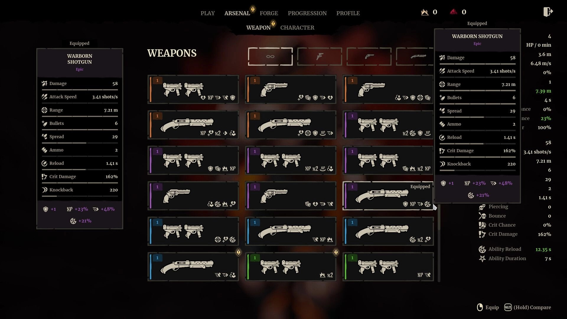 Grind Survivors: Weapon inventory menu with detailed stats for the equipped Warborn Shotgun displayed