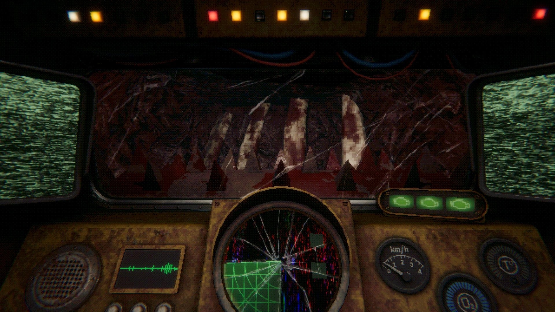 GRINDWORM: Driving a mining machine toward a rocky tunnel, cockpit UI with cracked radar and gauges.