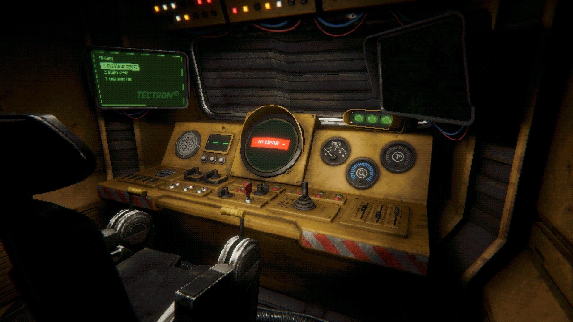 GRINDWORM: Mining machine cockpit controls with gauges, switches, and dark monitors in cramped cab.