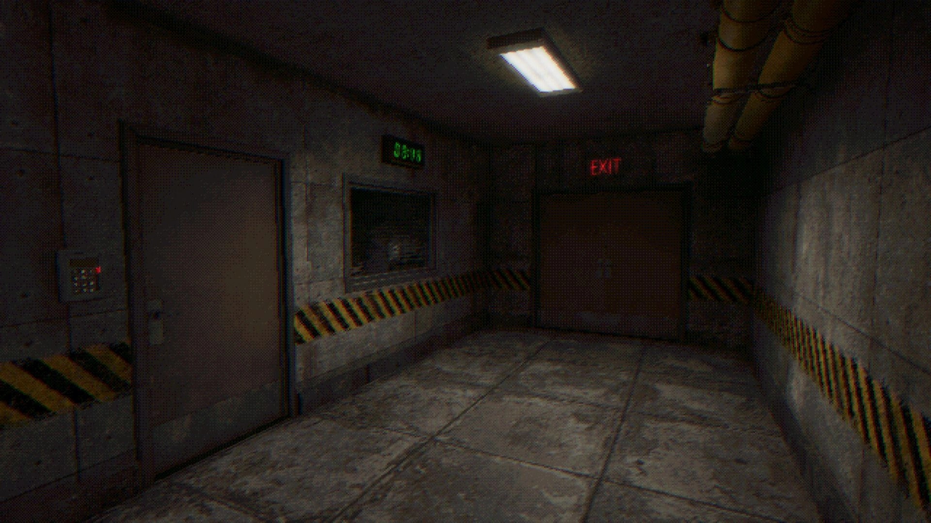 GRINDWORM: Empty concrete hallway with two doors, one marked EXIT, lit by flickering ceiling light.